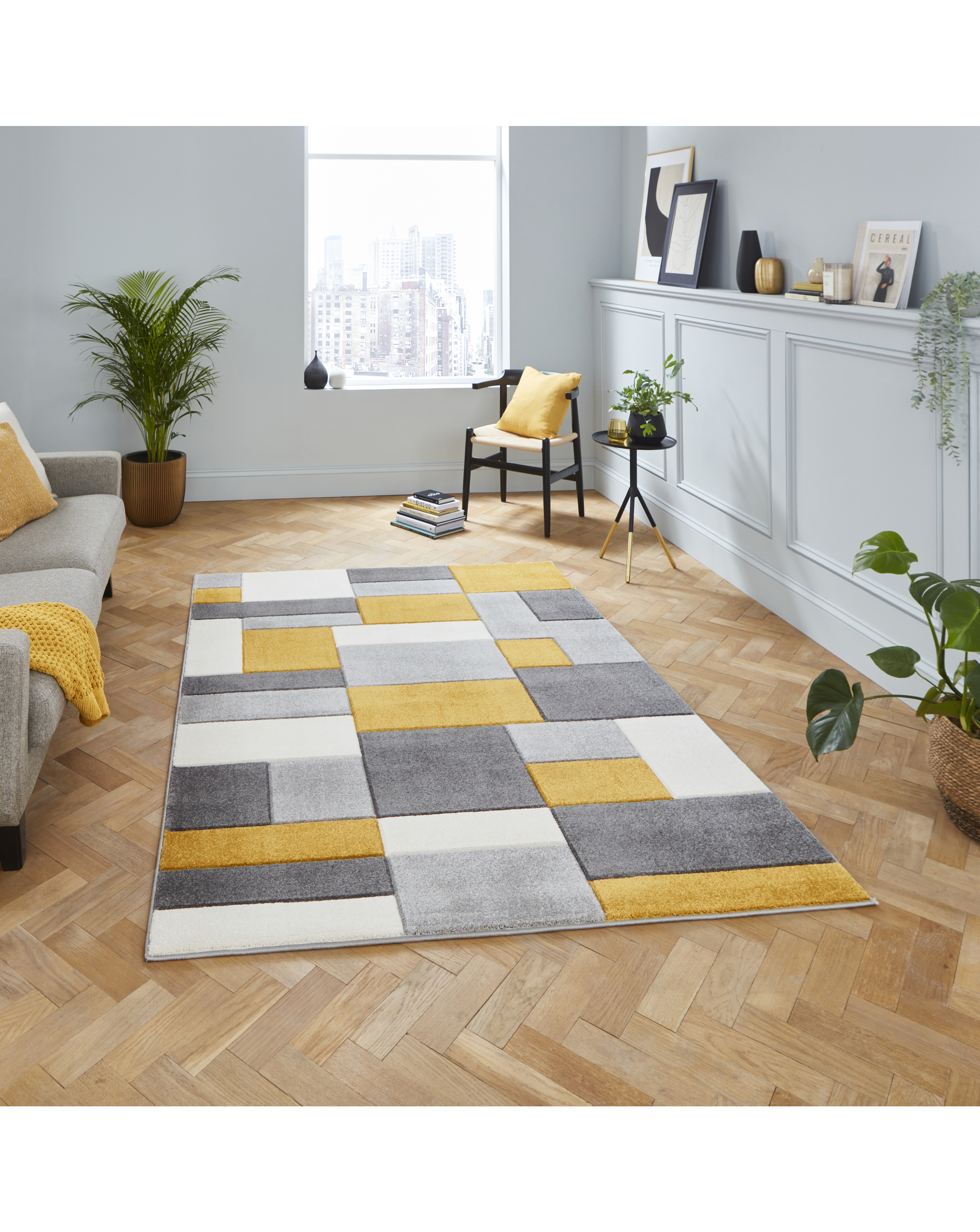Think Rugs Grey,Yellow Geometric Rug - Blocks