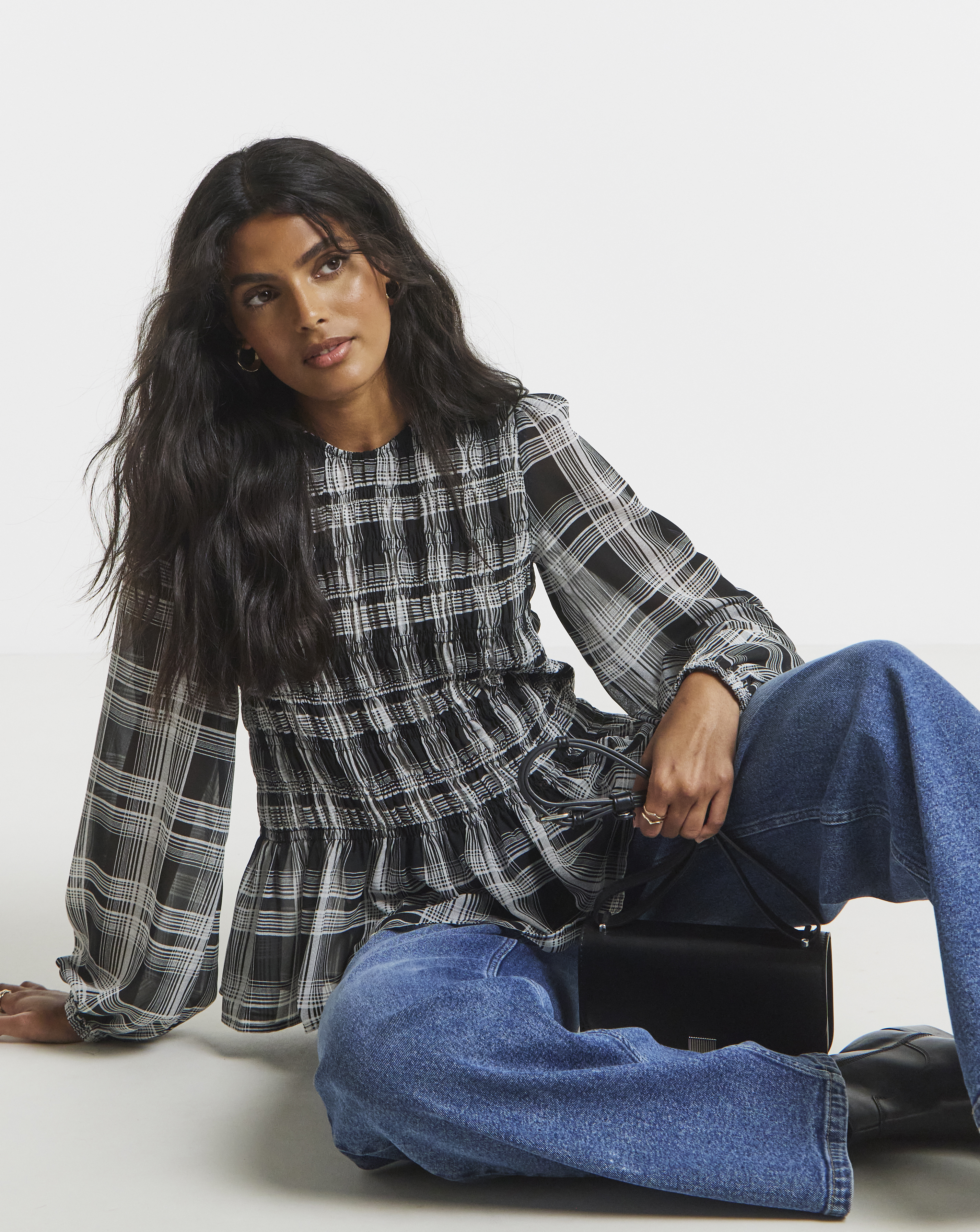 Check Shirred Seersucker Blouse