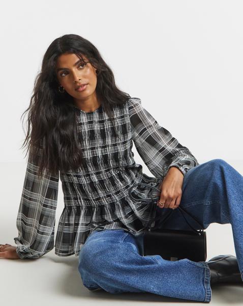 Check Shirred Seersucker Blouse