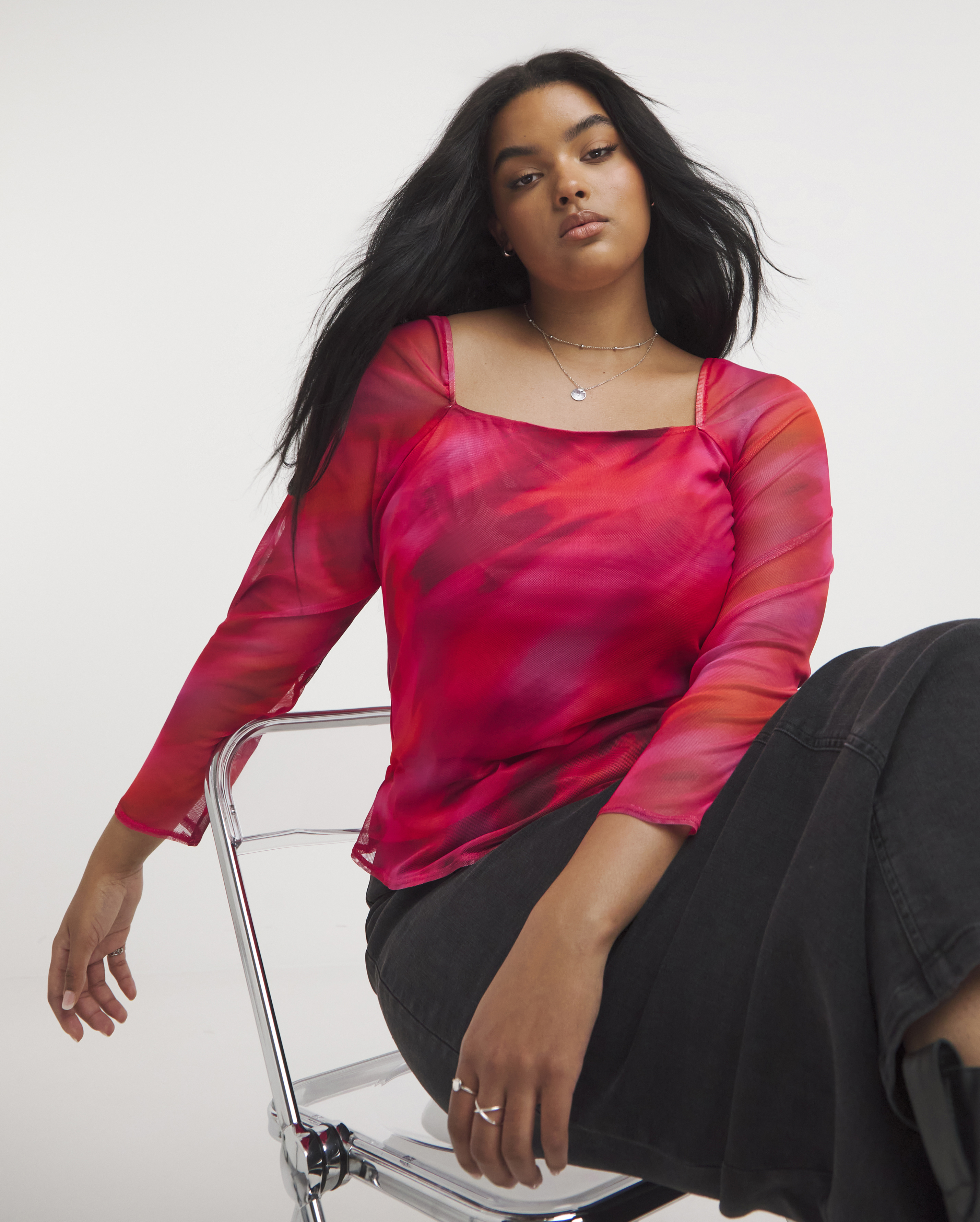 Multi Print Square Neck Mesh Top