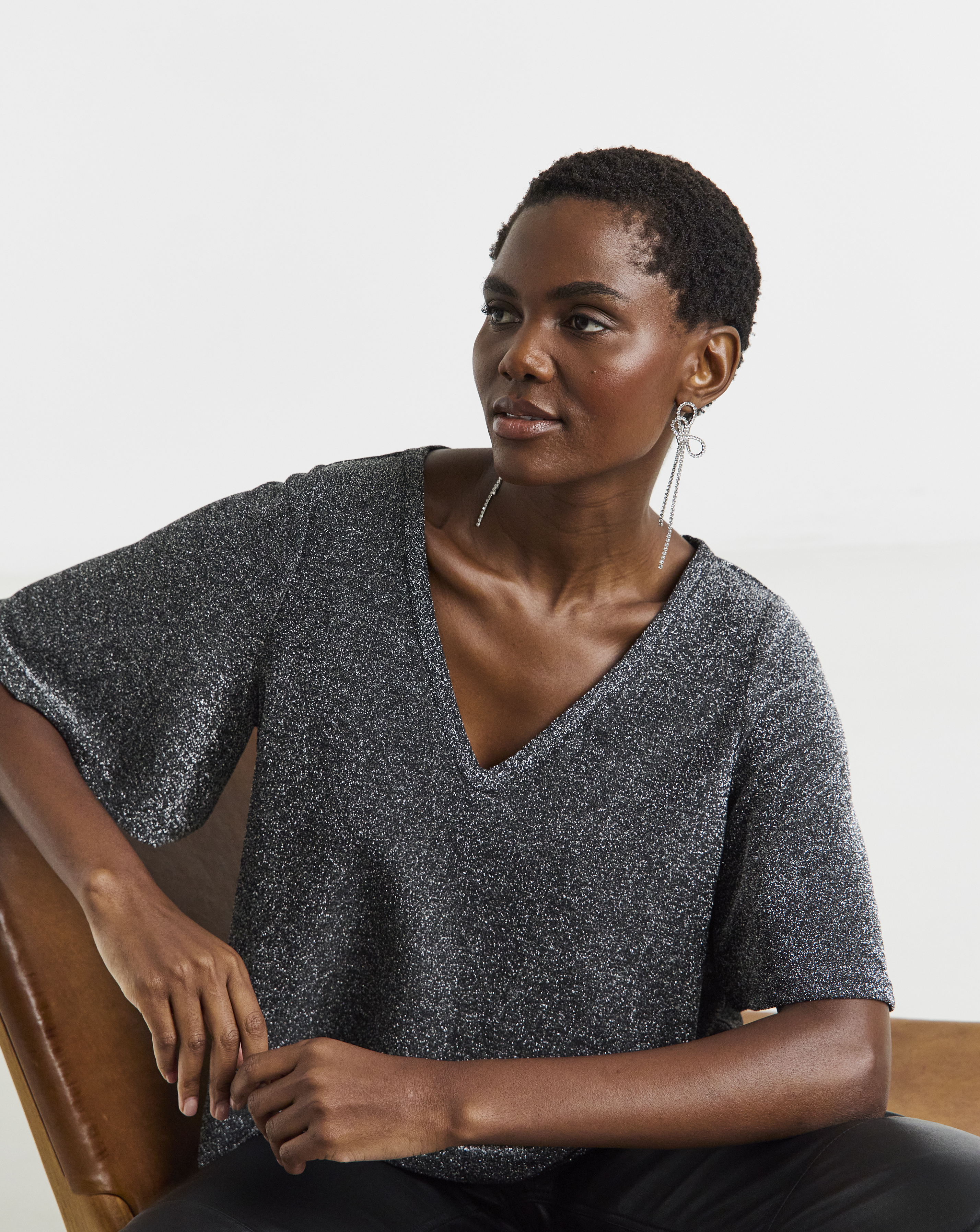 Glitter Knit V Neck Angel Sleeve Top