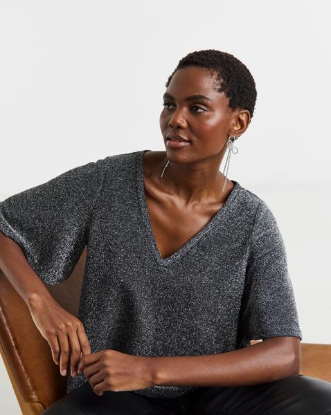 Glitter Knit V Neck Angel Sleeve Top