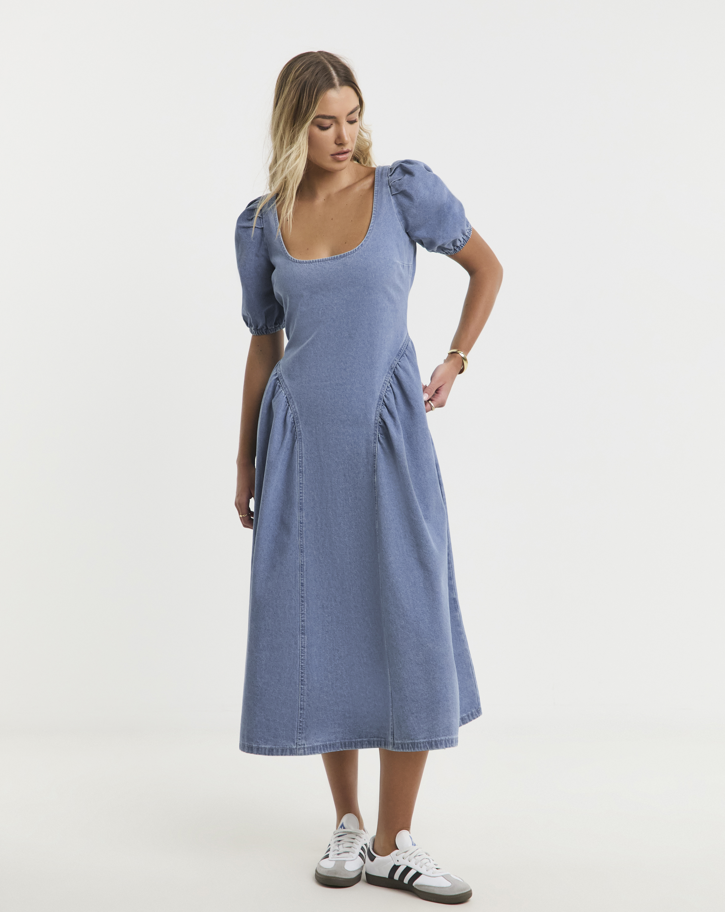 Simply Be - Women's Denim Puff Sleeve Dress - Size 26 - Mid blue - 89% Cotton 6% Polyester 5% Viscose