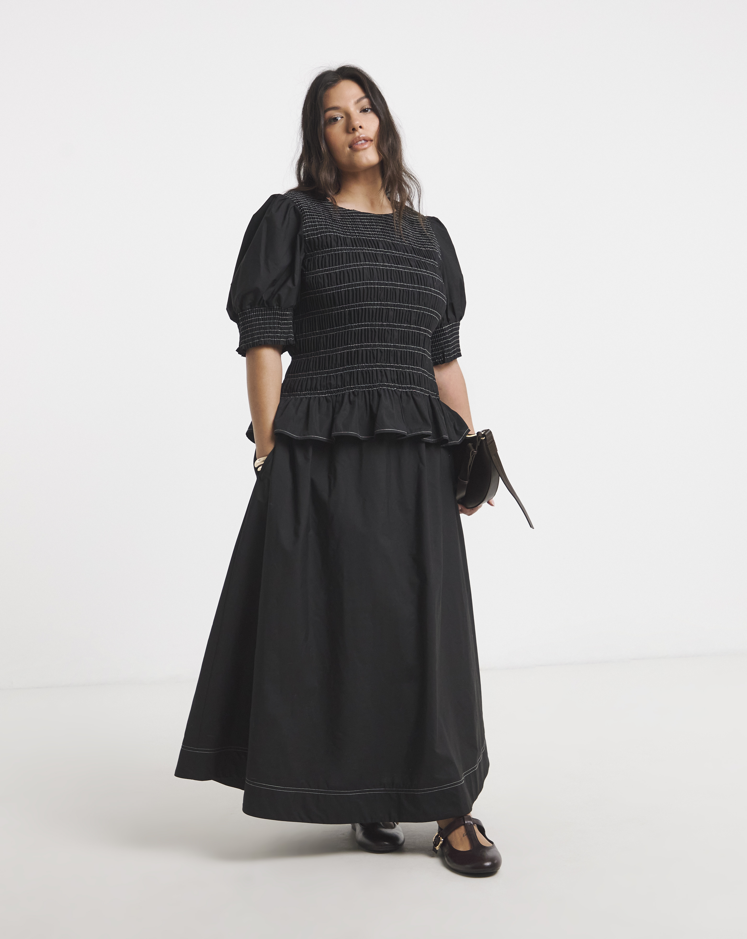 Black Smocked Poplin Blouse