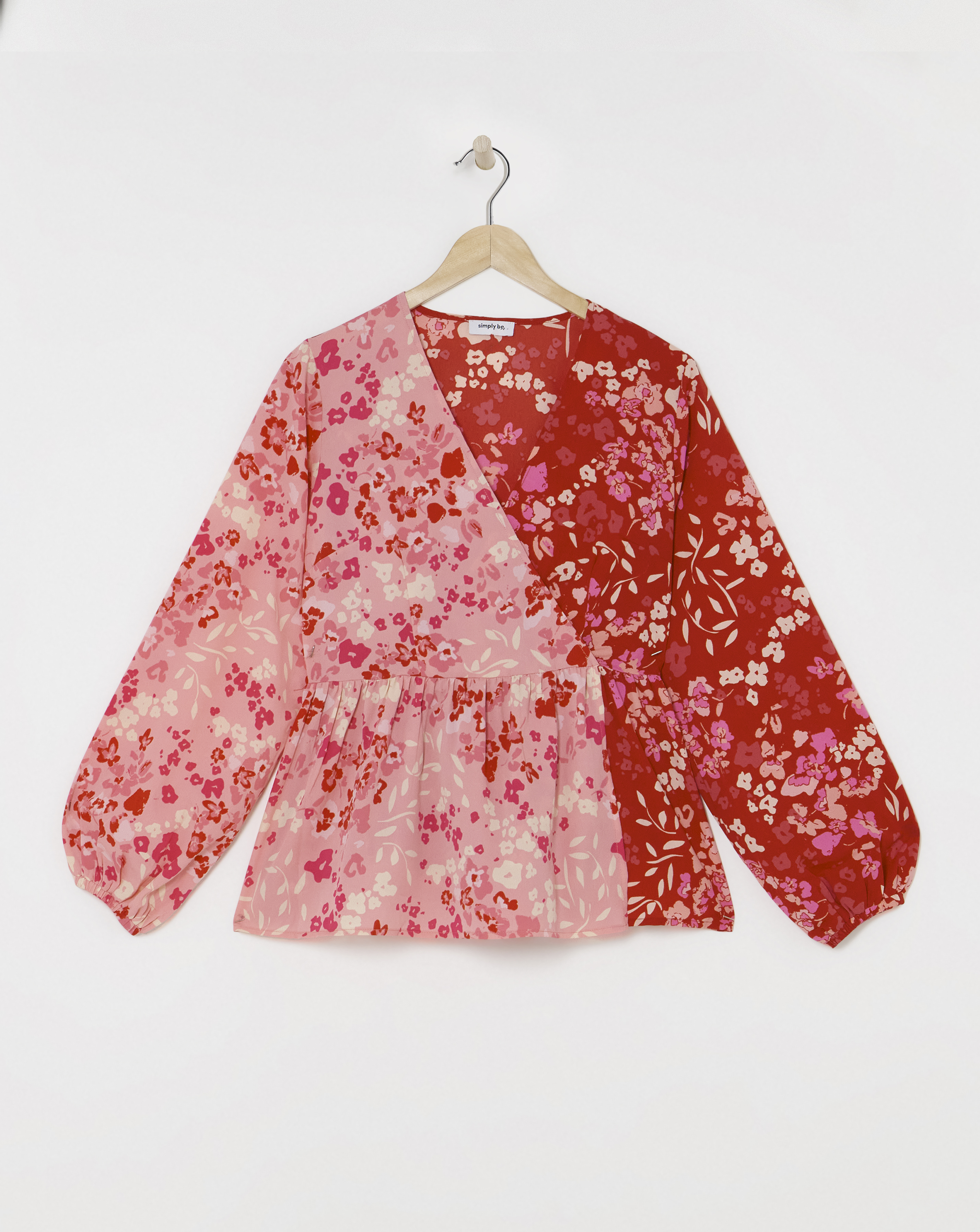 Mixed Print Wrap Peplum Blouse - Pink/red - Size 10 - Women's - Polyester.