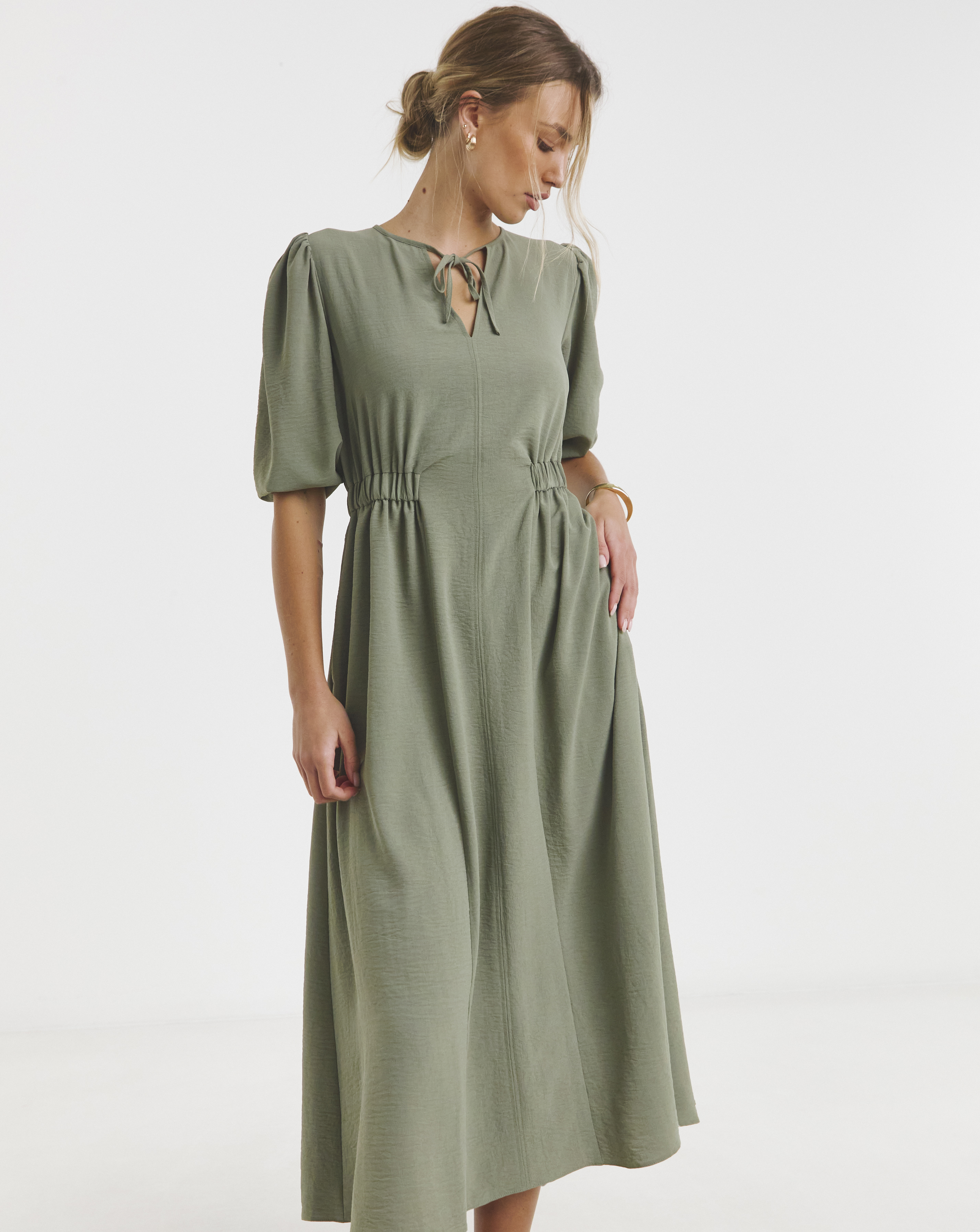 Cinched Waist Midi Dress With Pockets - Image