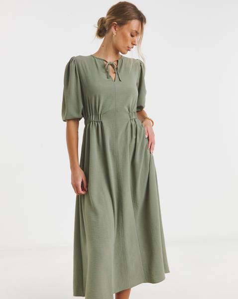 Simply Be Khaki Cinched Waist Midi Dress With Pockets - Image