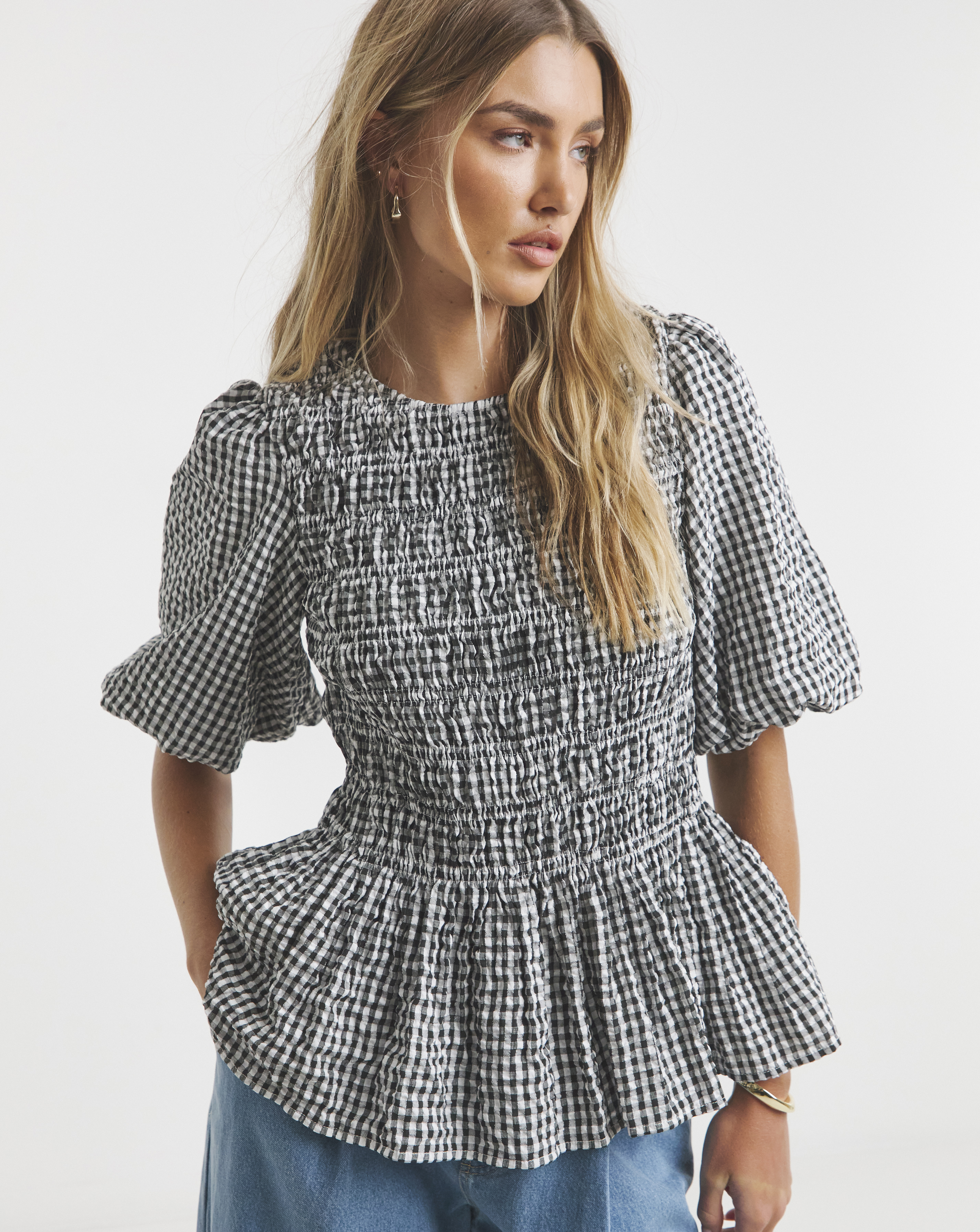 Gingham Shirred Peplum Blouse