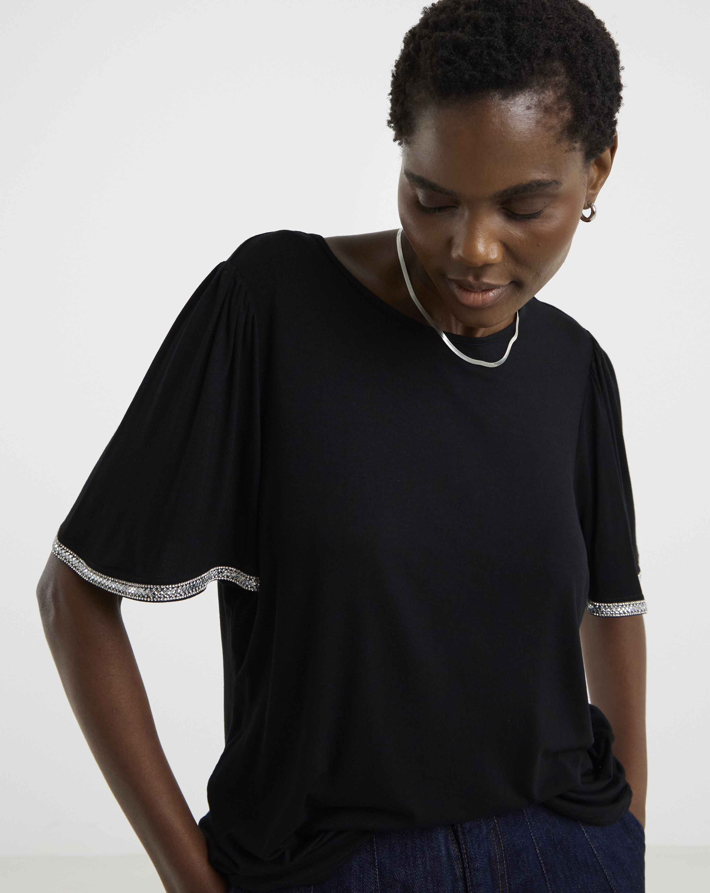 Diamante Trim Crew Neck Angel Sleeve Top