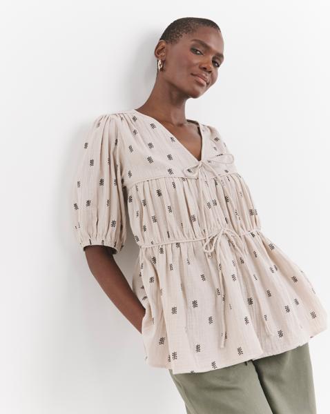 Printed Cotton Tie Front Top