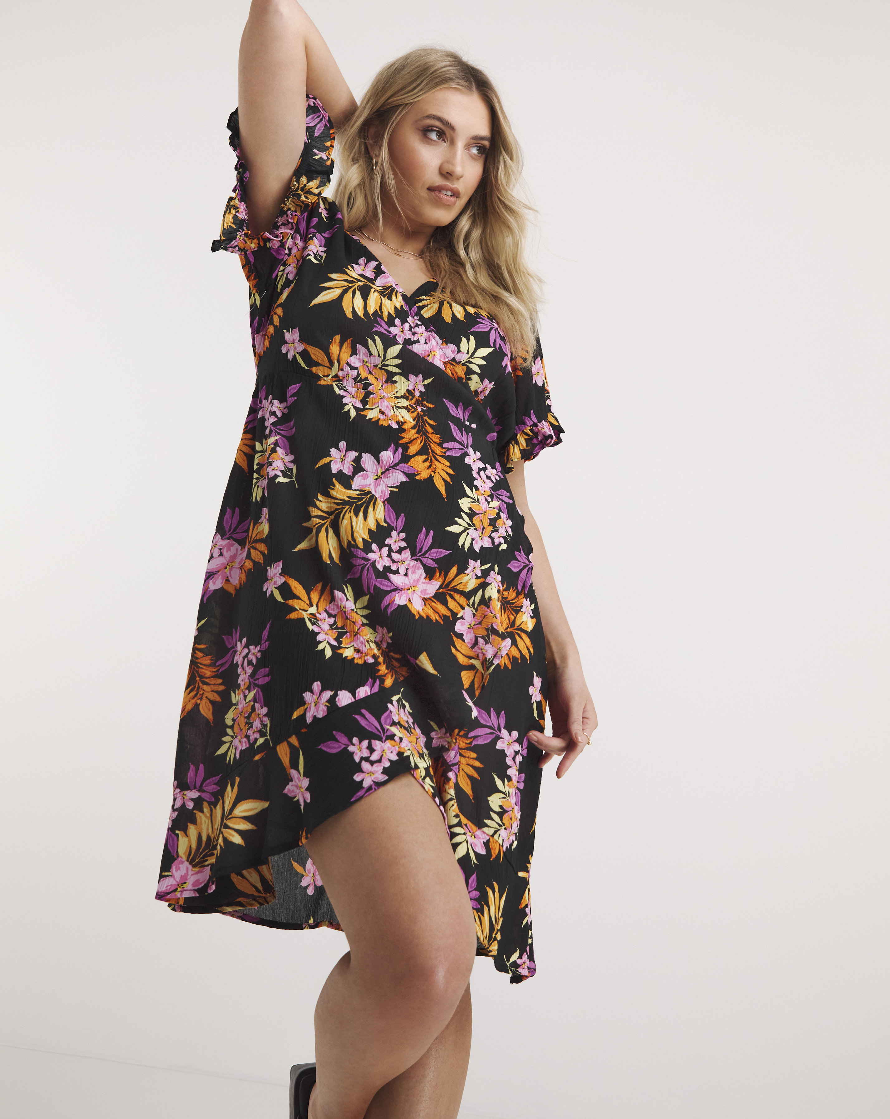 Tropical Print Crinkle Wrap Skater Dress - Black Print