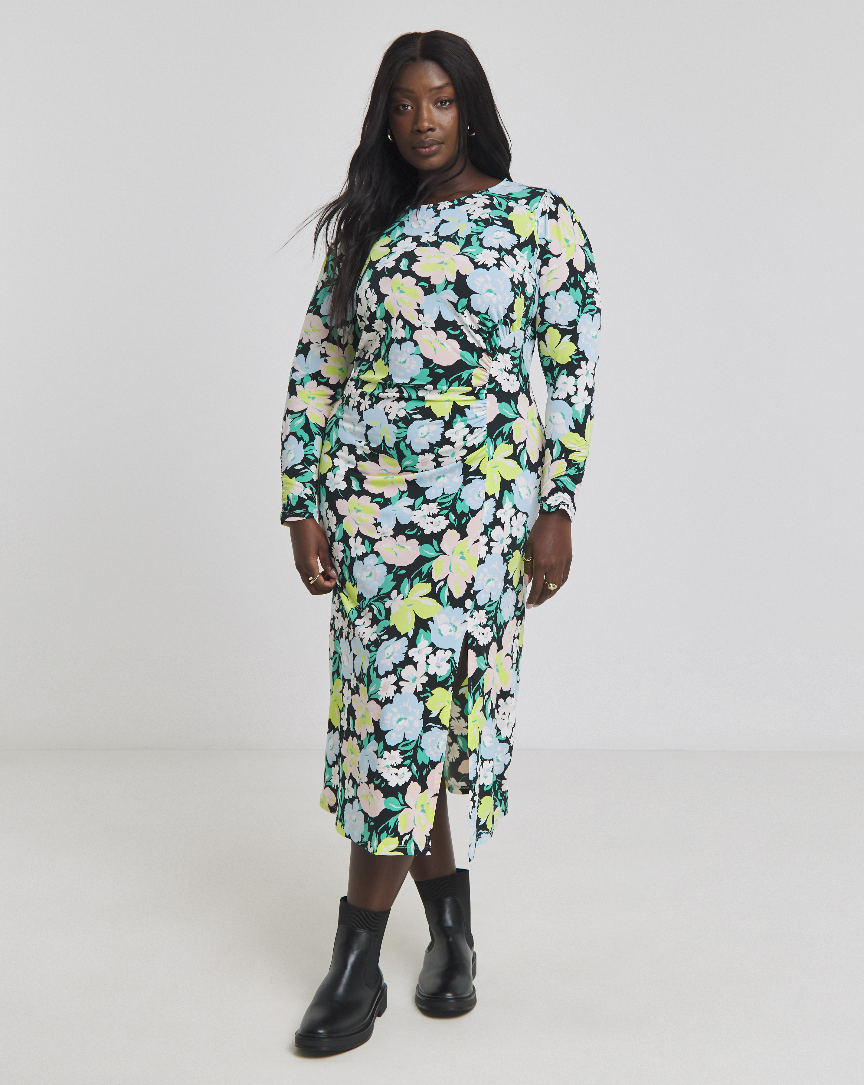 Simply Be - Women's Floral Print Ruched Front Midi Dress - Size 10 - Black print - 96% Polyester 4% Elastane