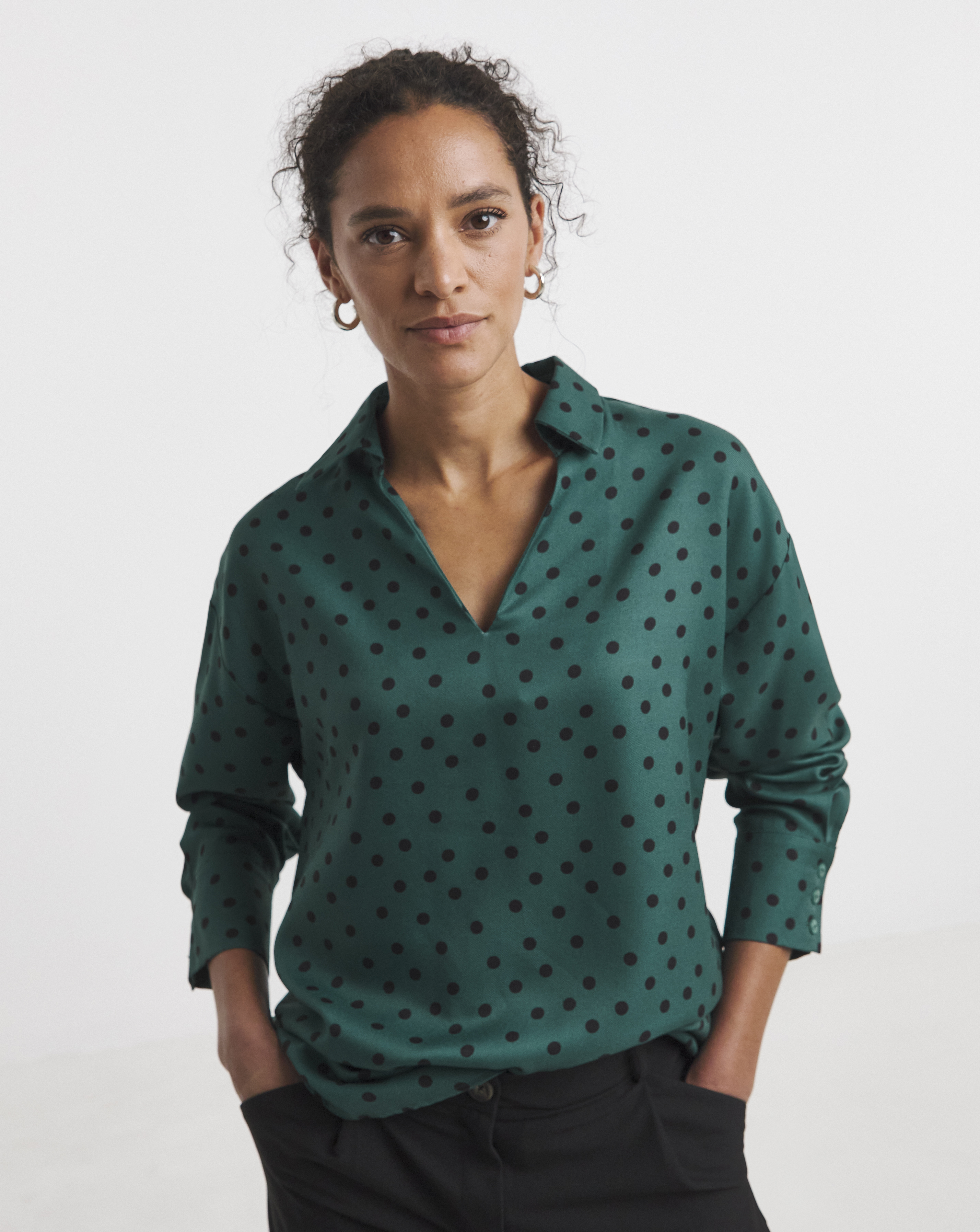 Herringbone Collar Detail Popover Blouse