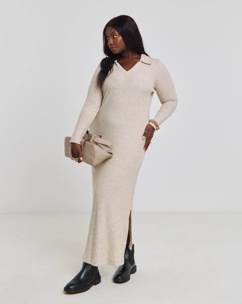 Simply Be - Women's Beige Cosy Rib Collared Maxi Dress - Size 20 - Beige - 71% Viscose 26% Polyester 3% Elastane