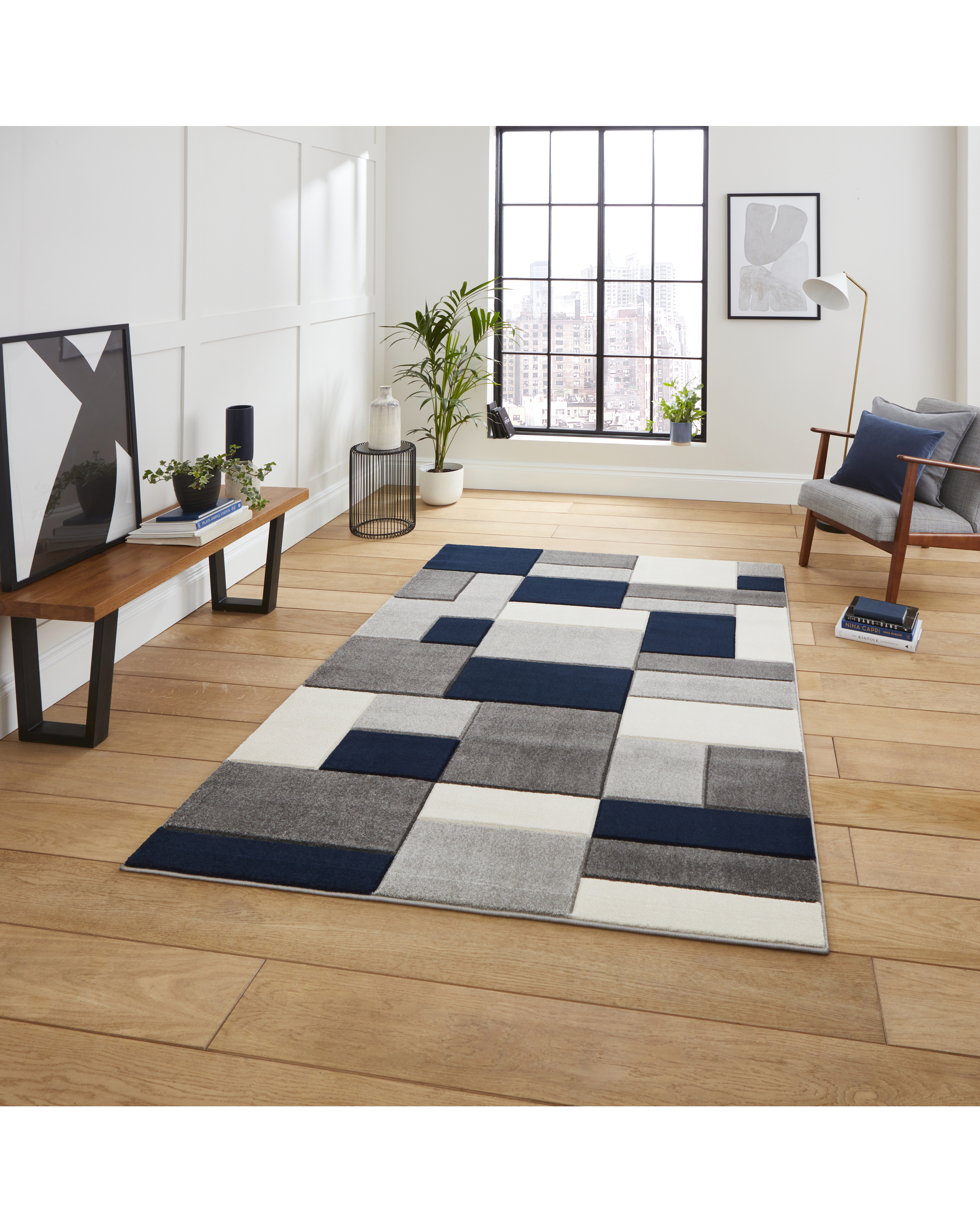 Think Rugs Men's Grey,Navy Geometric Rug - Blocks