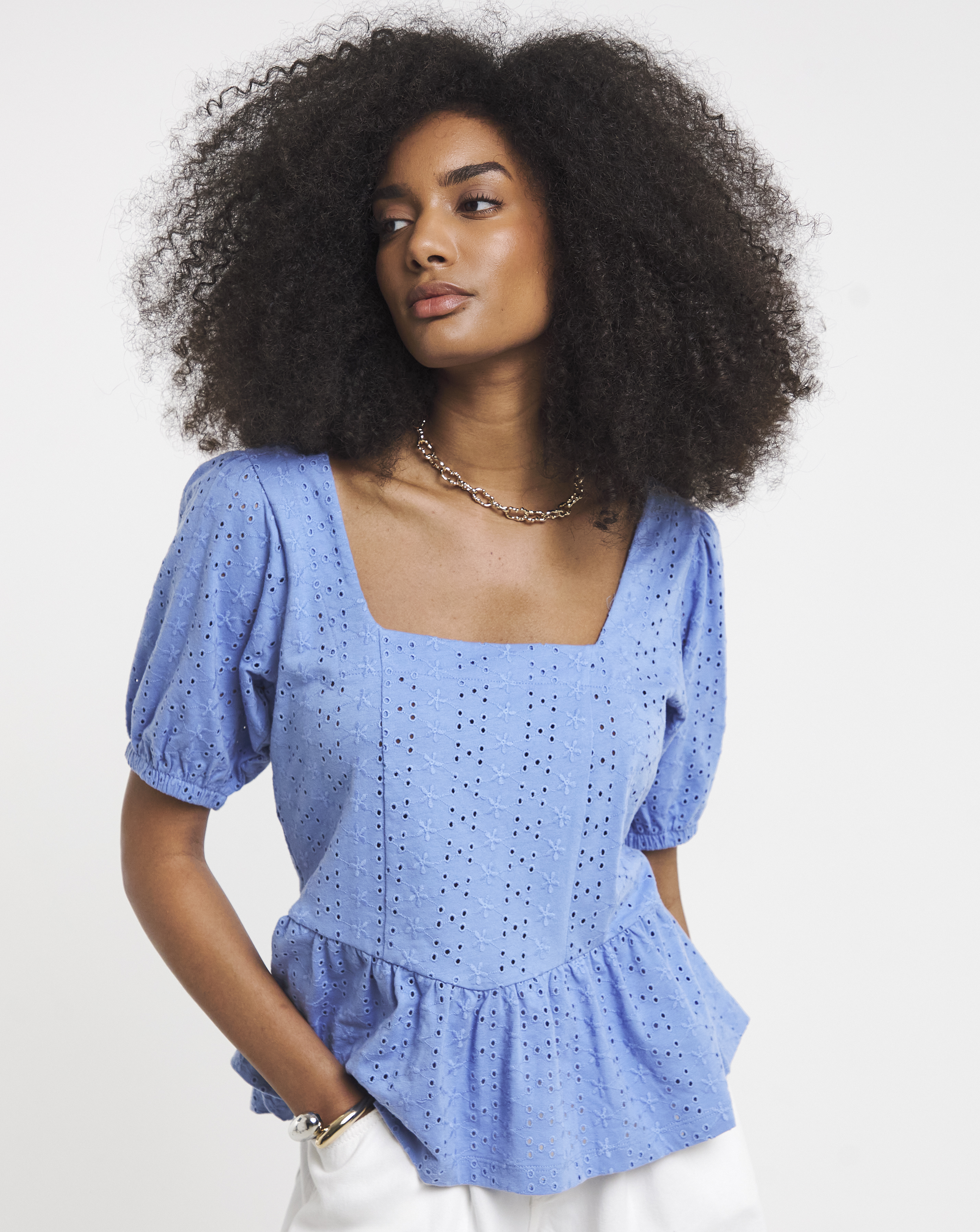 Stretch Broderie Square Neck Peplum