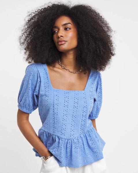 Stretch Broderie Square Neck Peplum