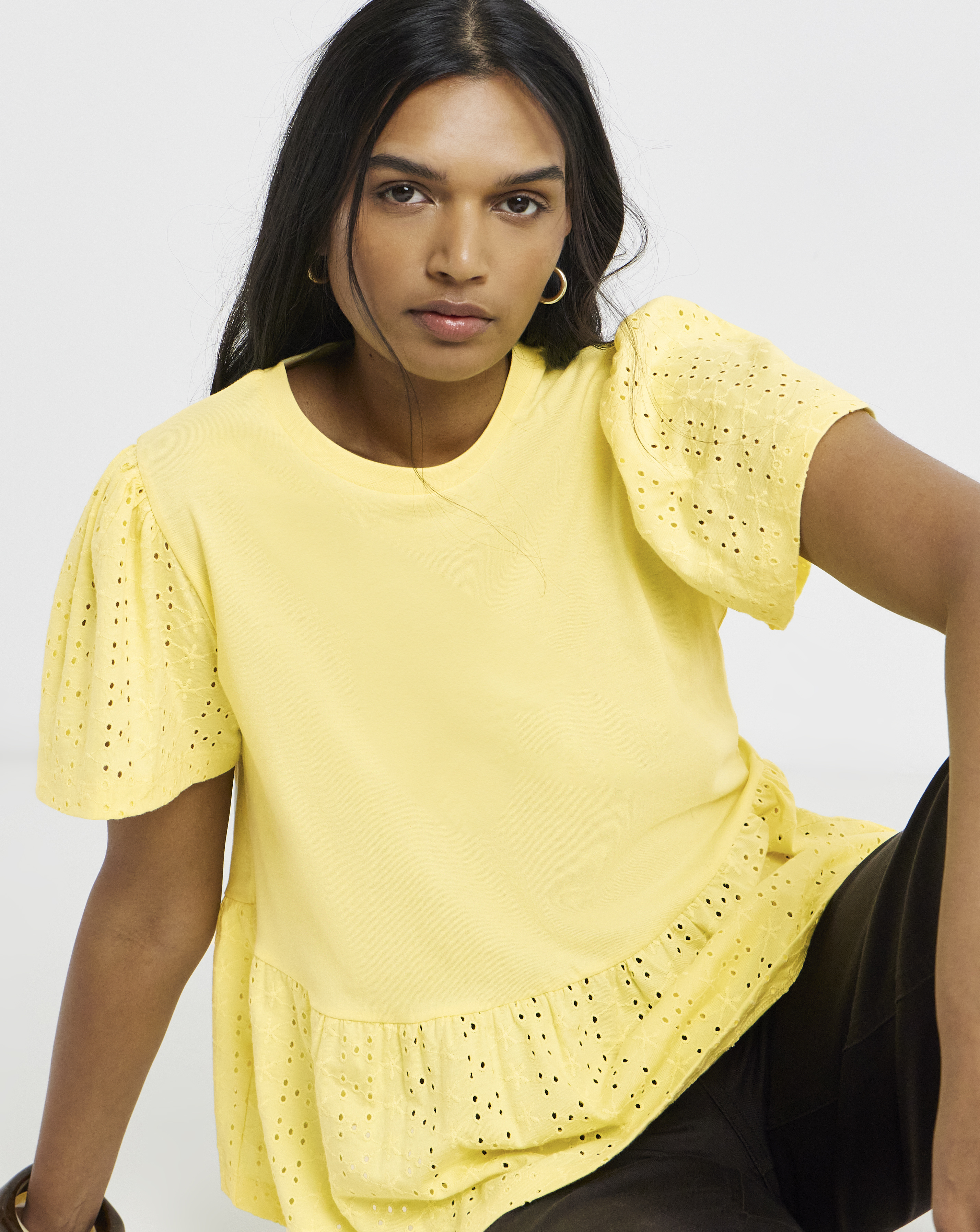 Crew Neck Peplum Broderie Top