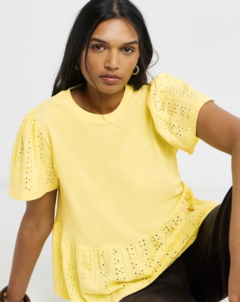 Crew Neck Peplum Broderie Top