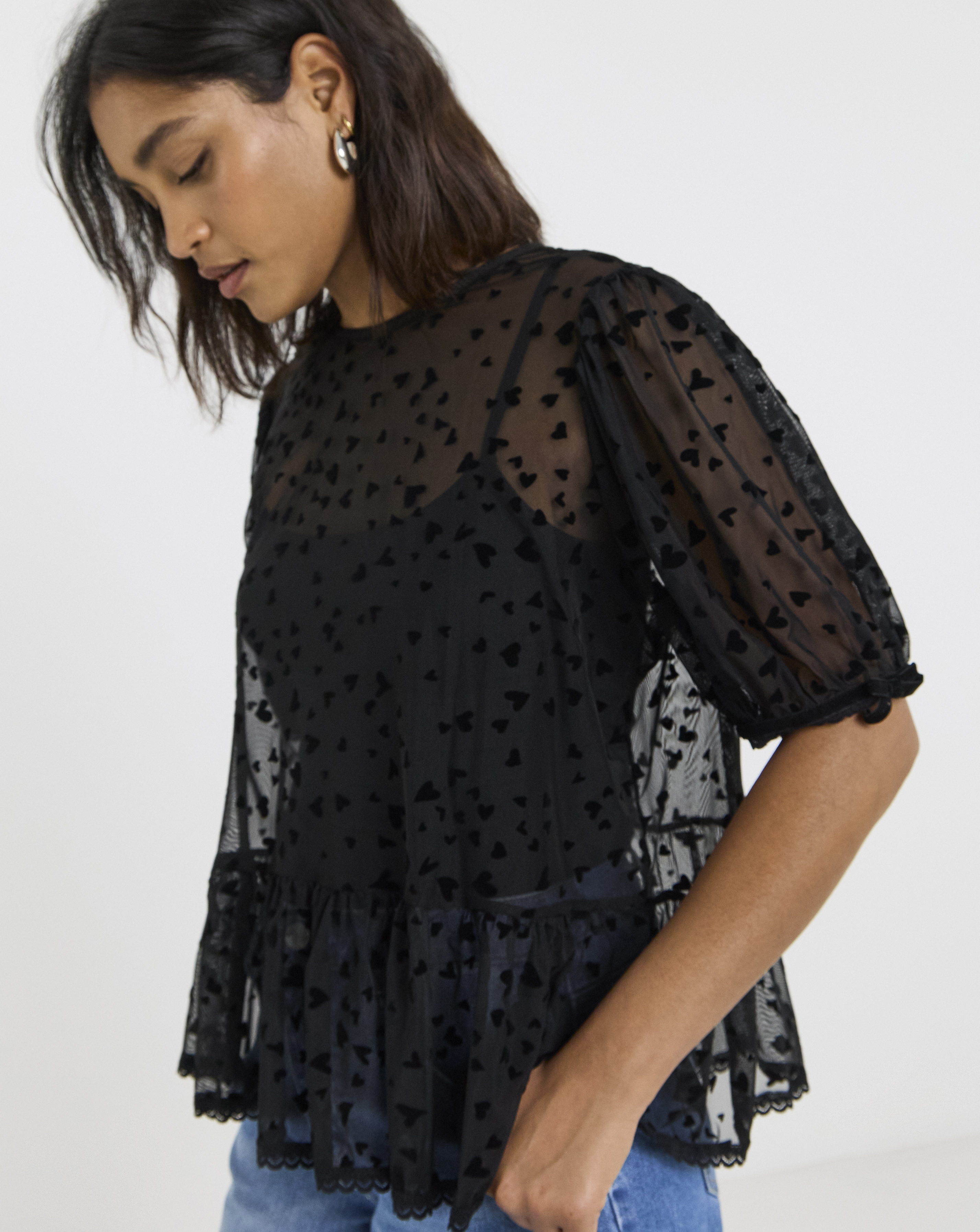 Velvet Heart Mesh Puff Sleeve Top