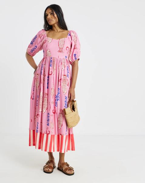 Sardine Print Linen Midi Dress