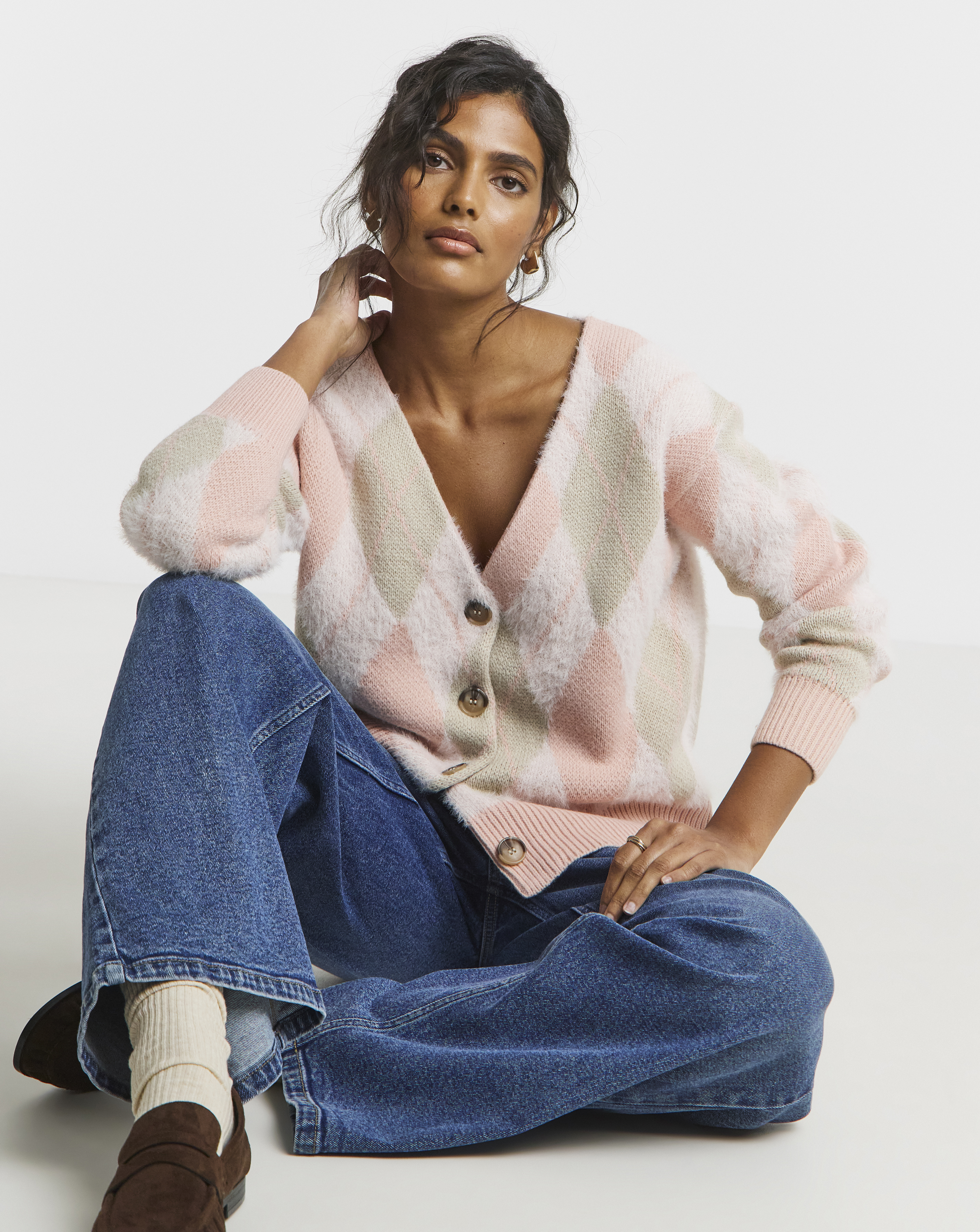 Fluffy Argyle Boyfriend Cardigan