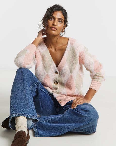 Fluffy Argyle Boyfriend Cardigan