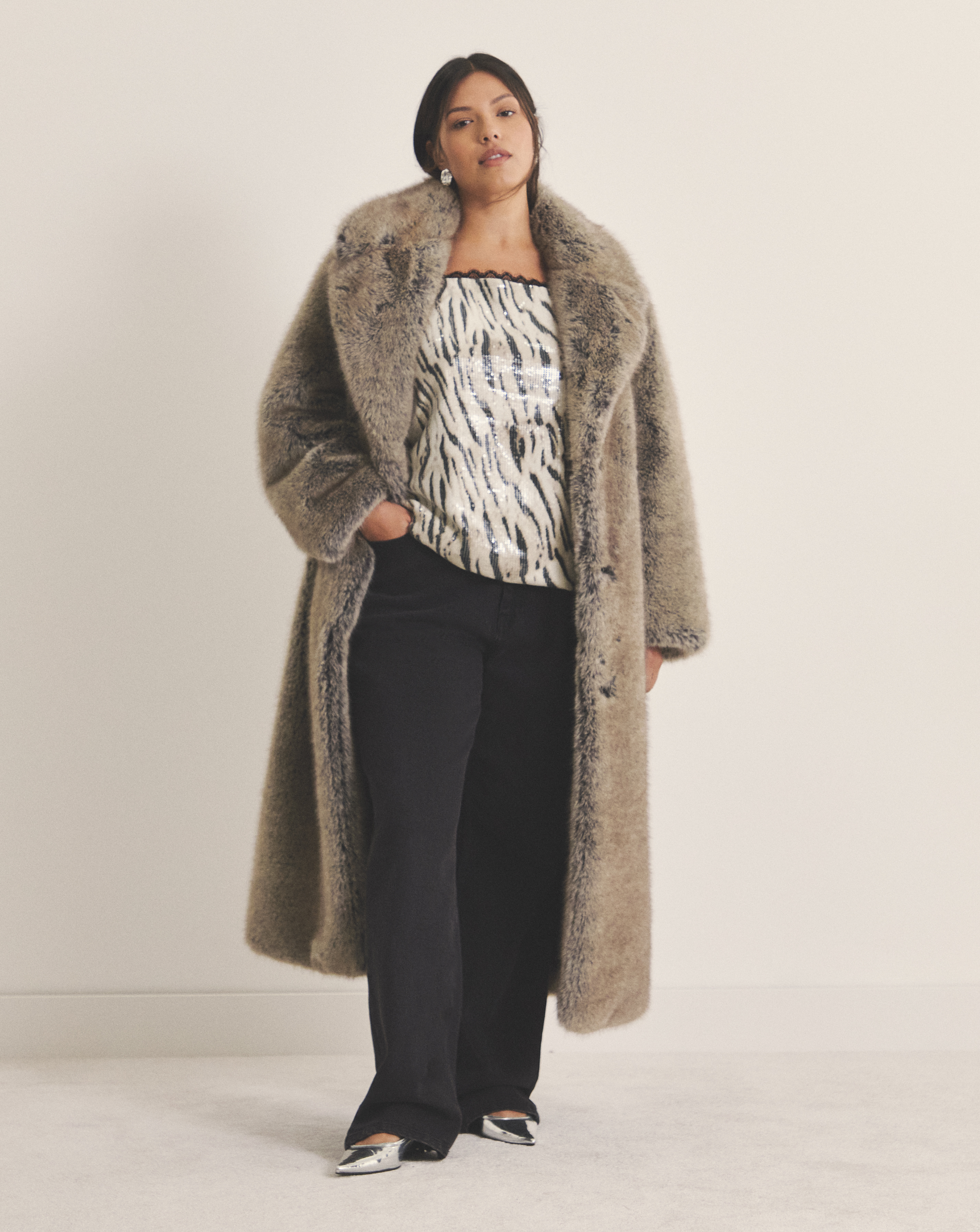 SBE Natural Faux Fur Maxi Coat