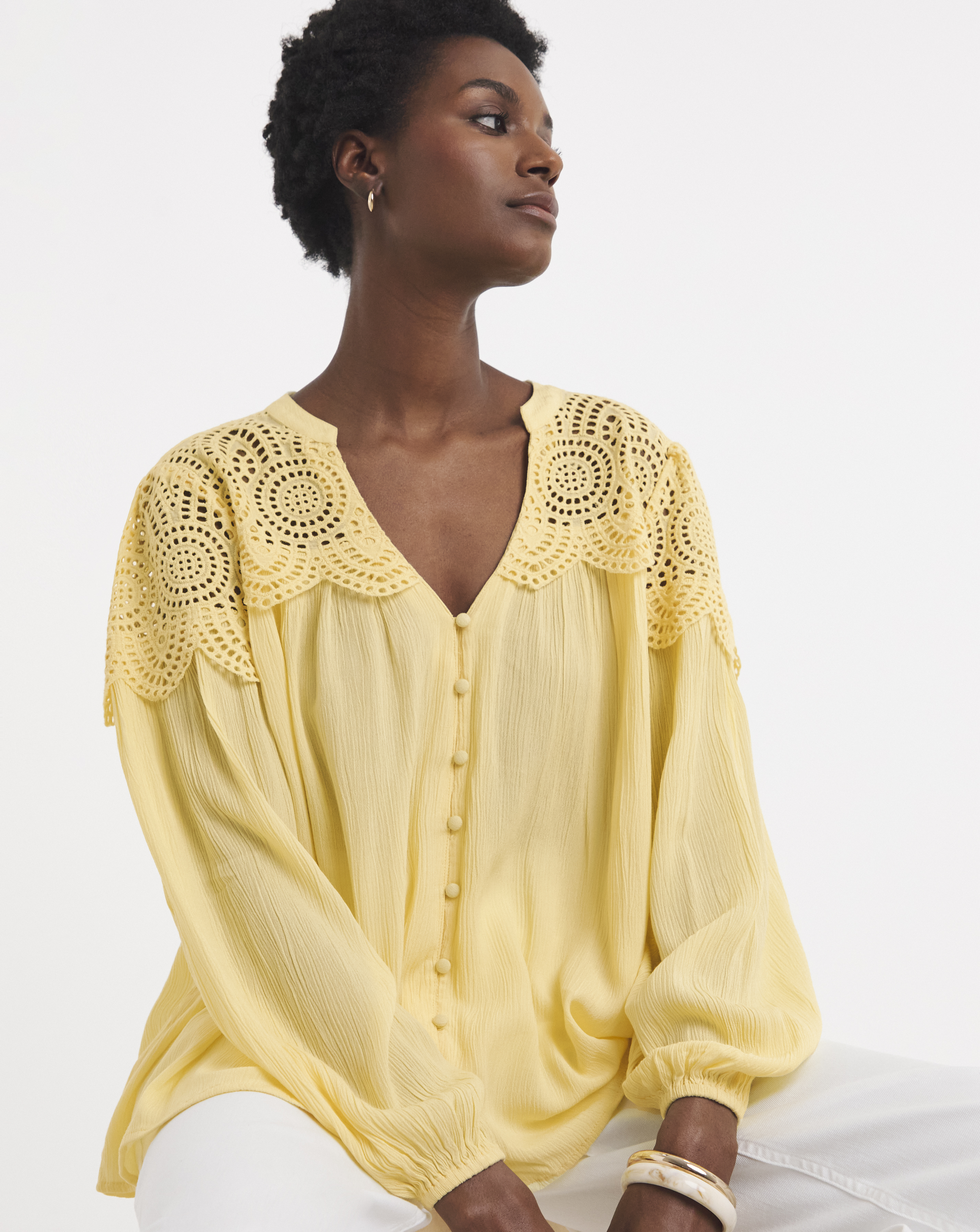 Broderie Trim Long Sleeve Blouse