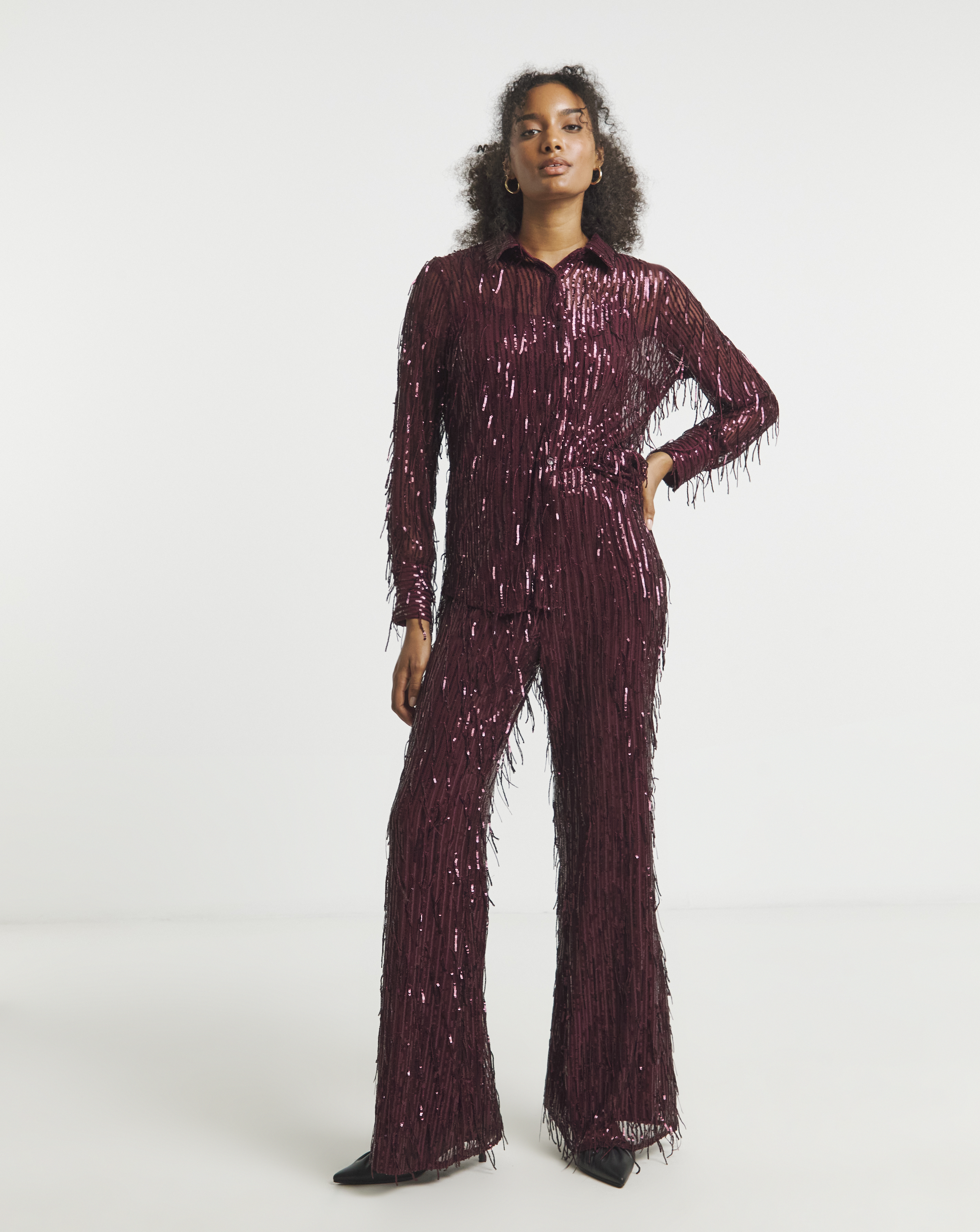 Joanna Hope Tassle Sequin Trousers - Burgundy