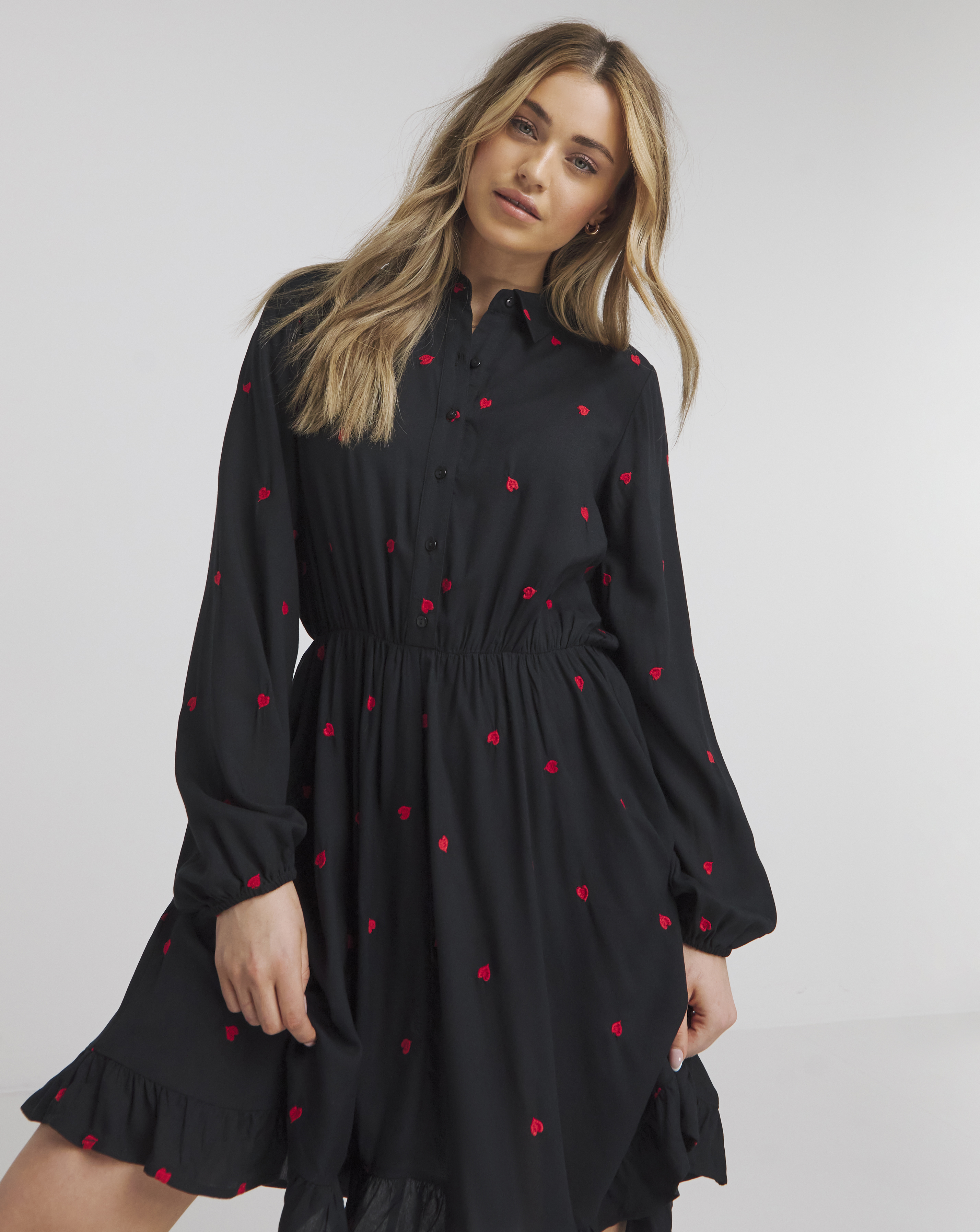 Black Embroidered Heart Shirt Dress