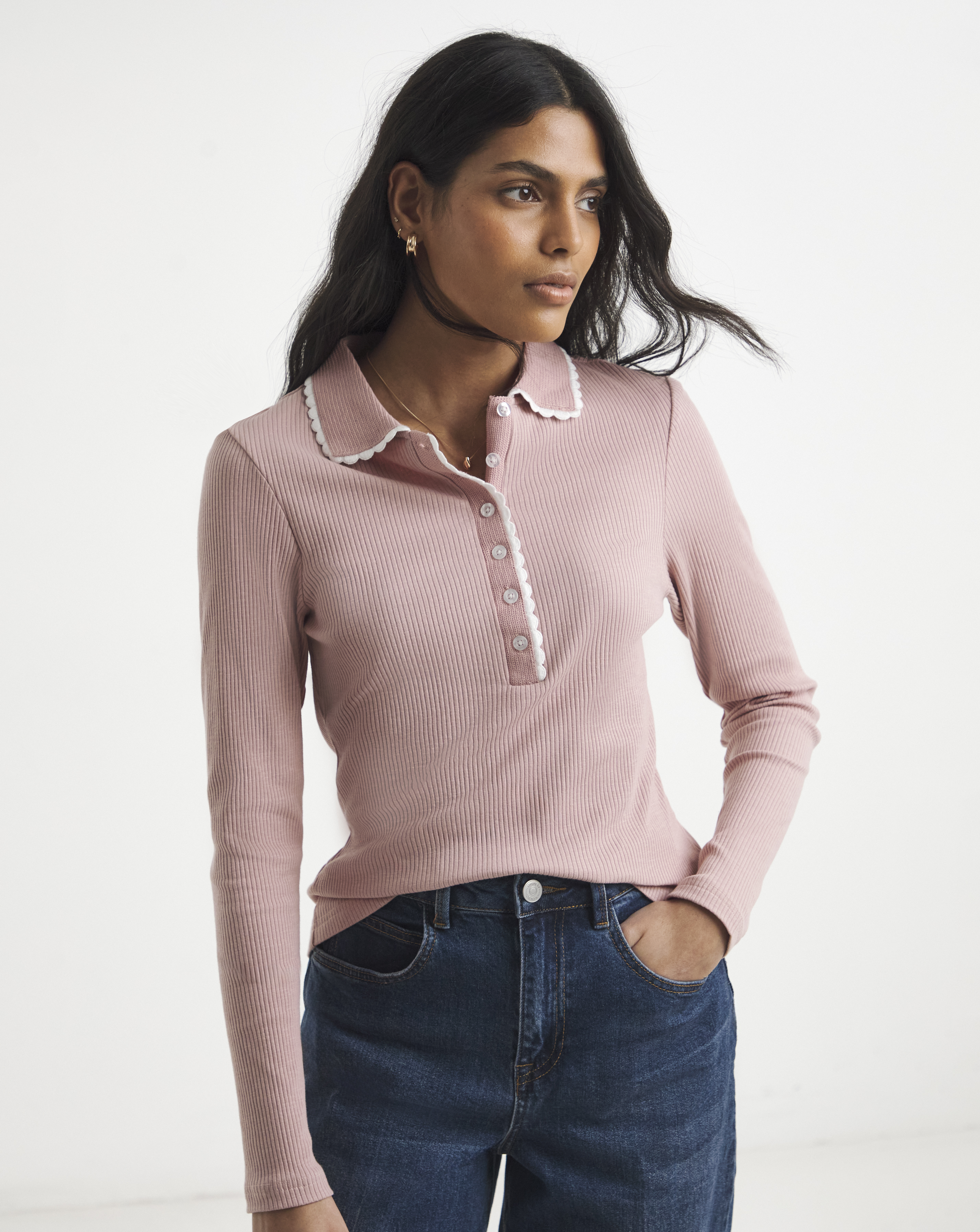 Simply Be Contrast Scallop Trim Polo Top