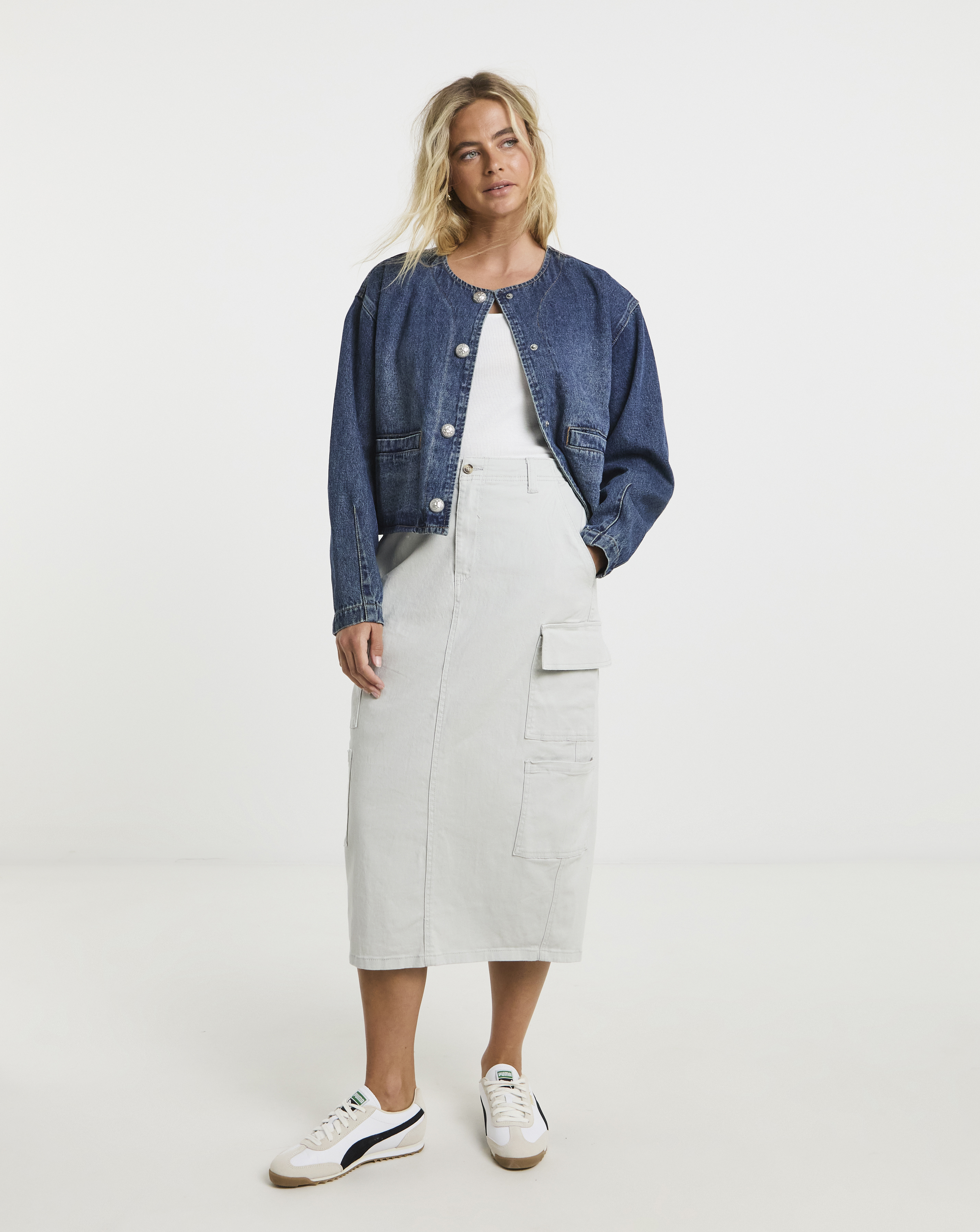 Light Grey Pocket Cargo Midi Skirt