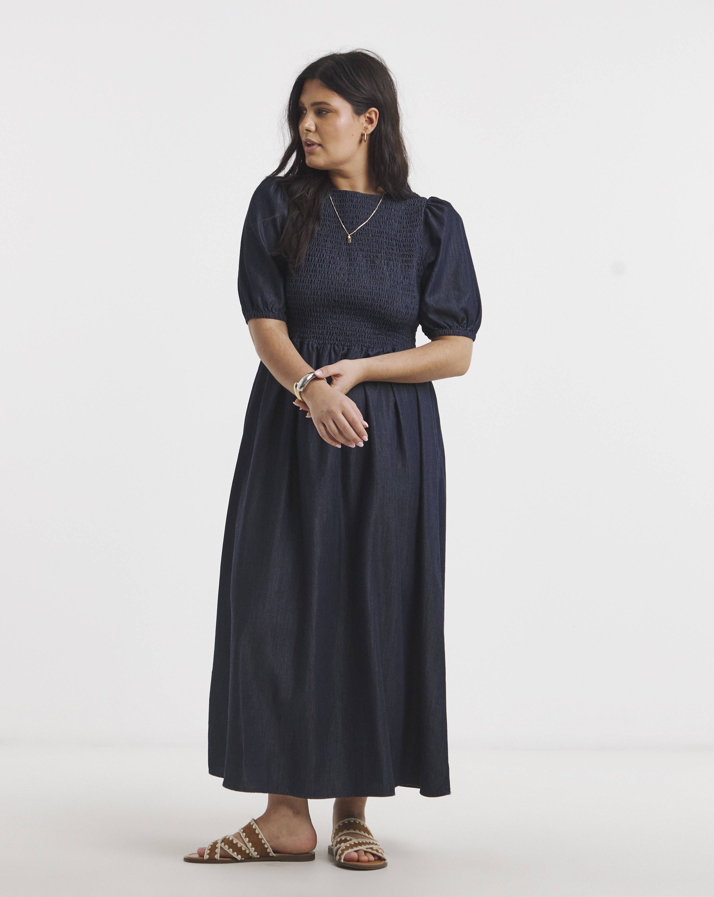 Indigo Denim Soleil Shirred Midaxi Dress