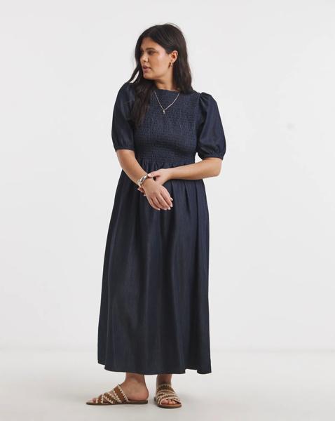 Indigo Denim Soleil Shirred Midaxi Dress