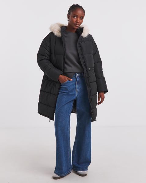 Black Fur Trim Longline Padded Coat