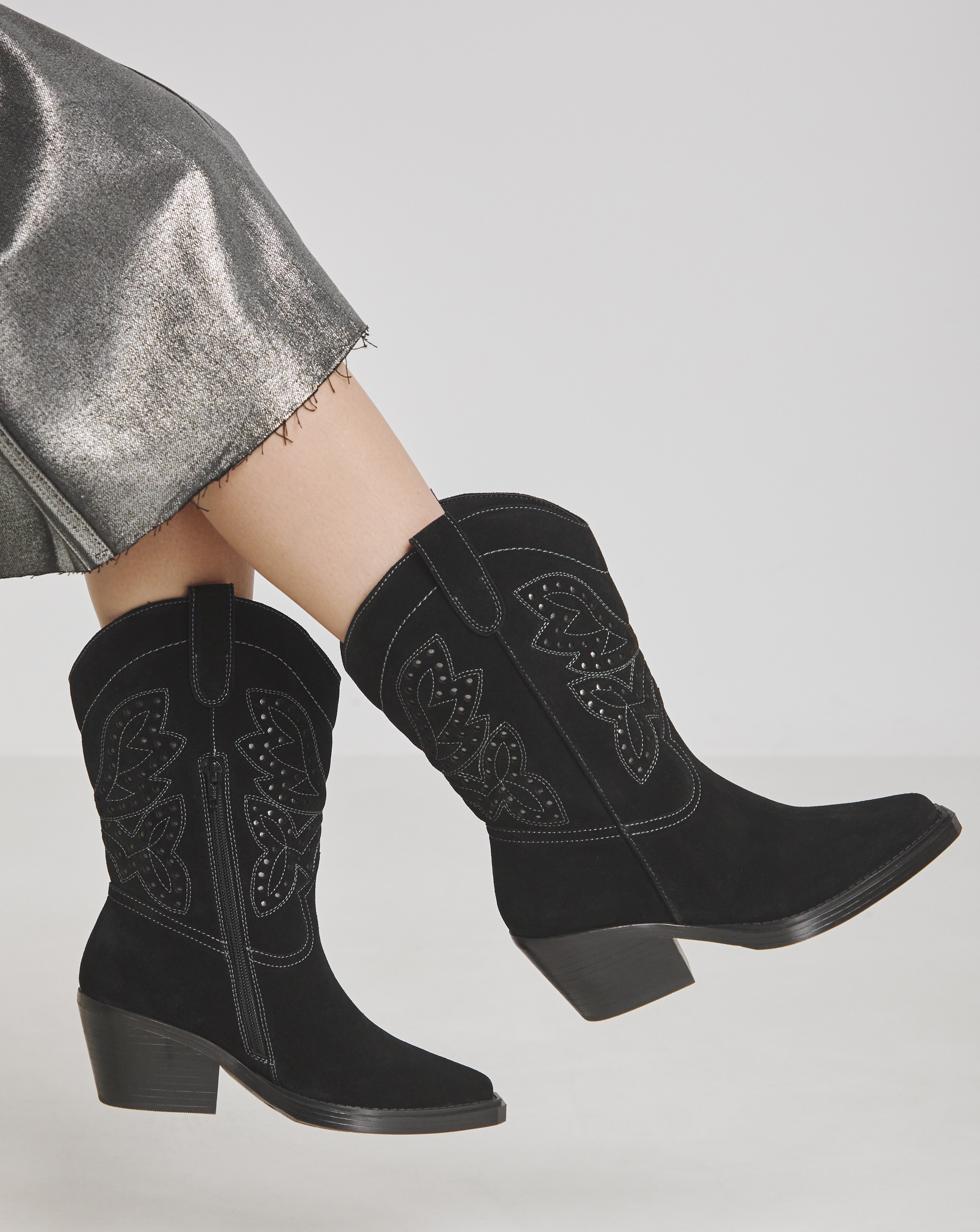 Punch Detail Mid Calf Western Boot Wide