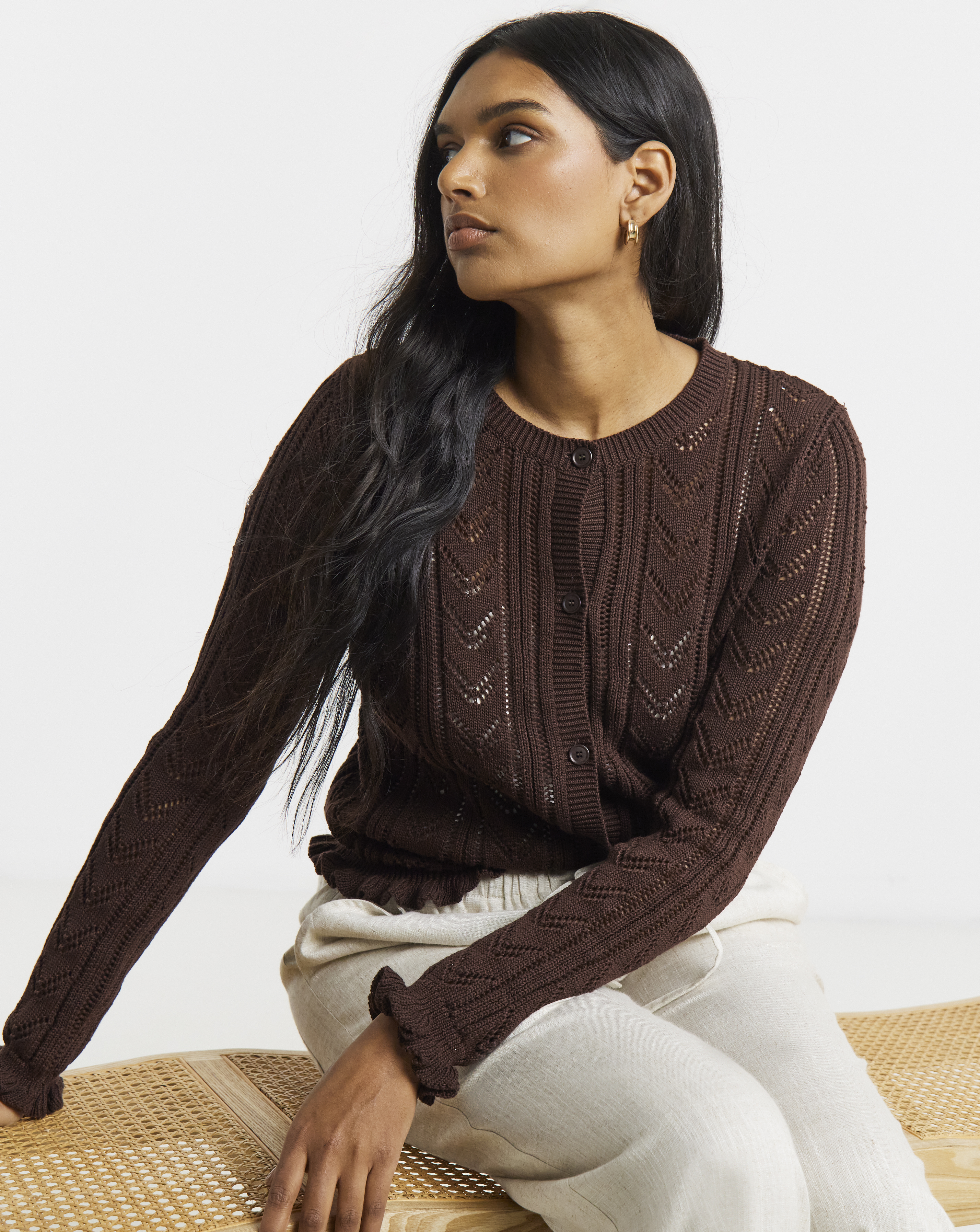 Pointelle Crew Neck Frill Hem Cardigan