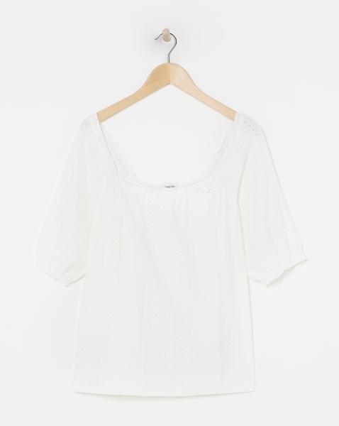 White Jersey Broderie Square Neck Top
