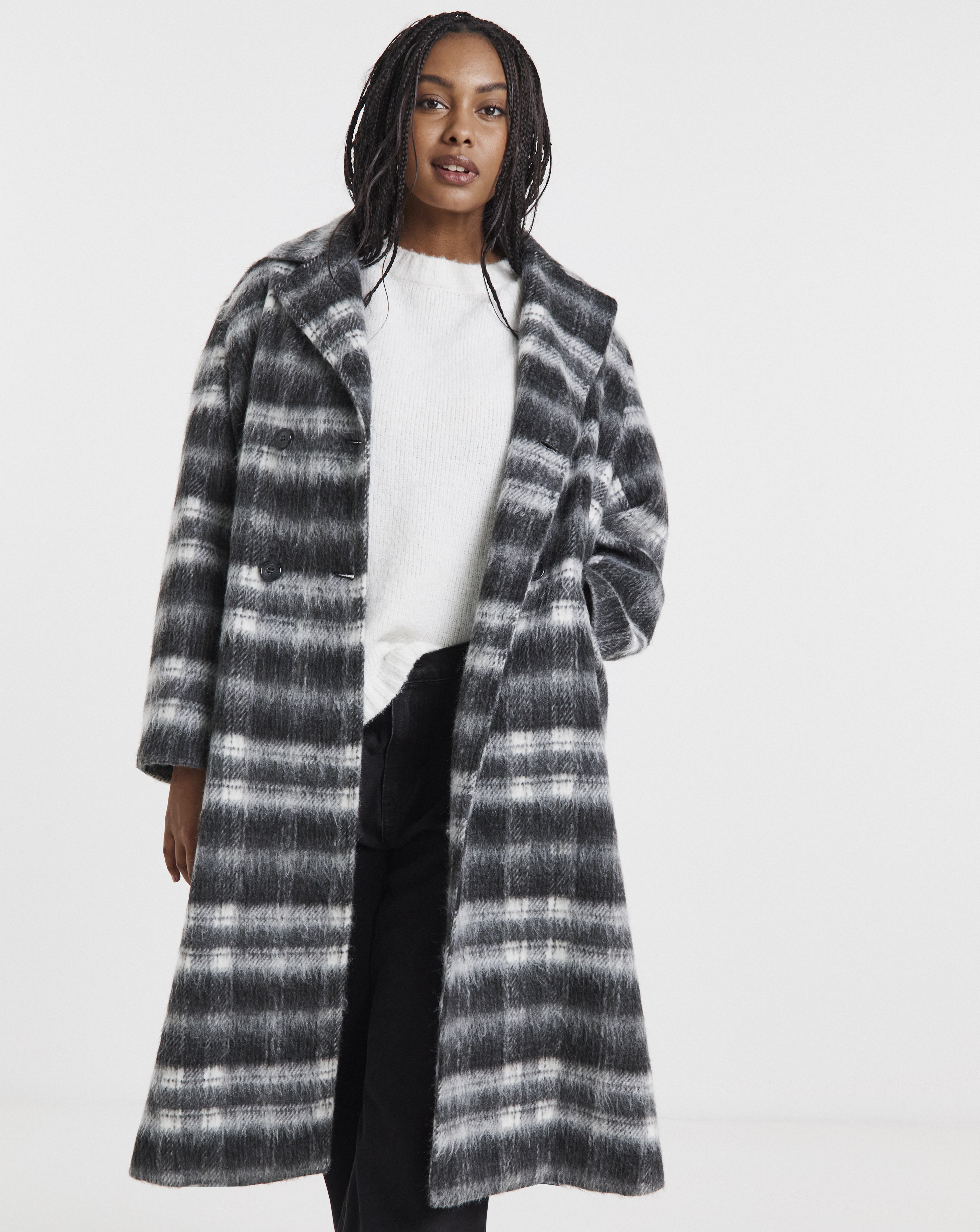 Black Check Maxi Faux Wool Coat