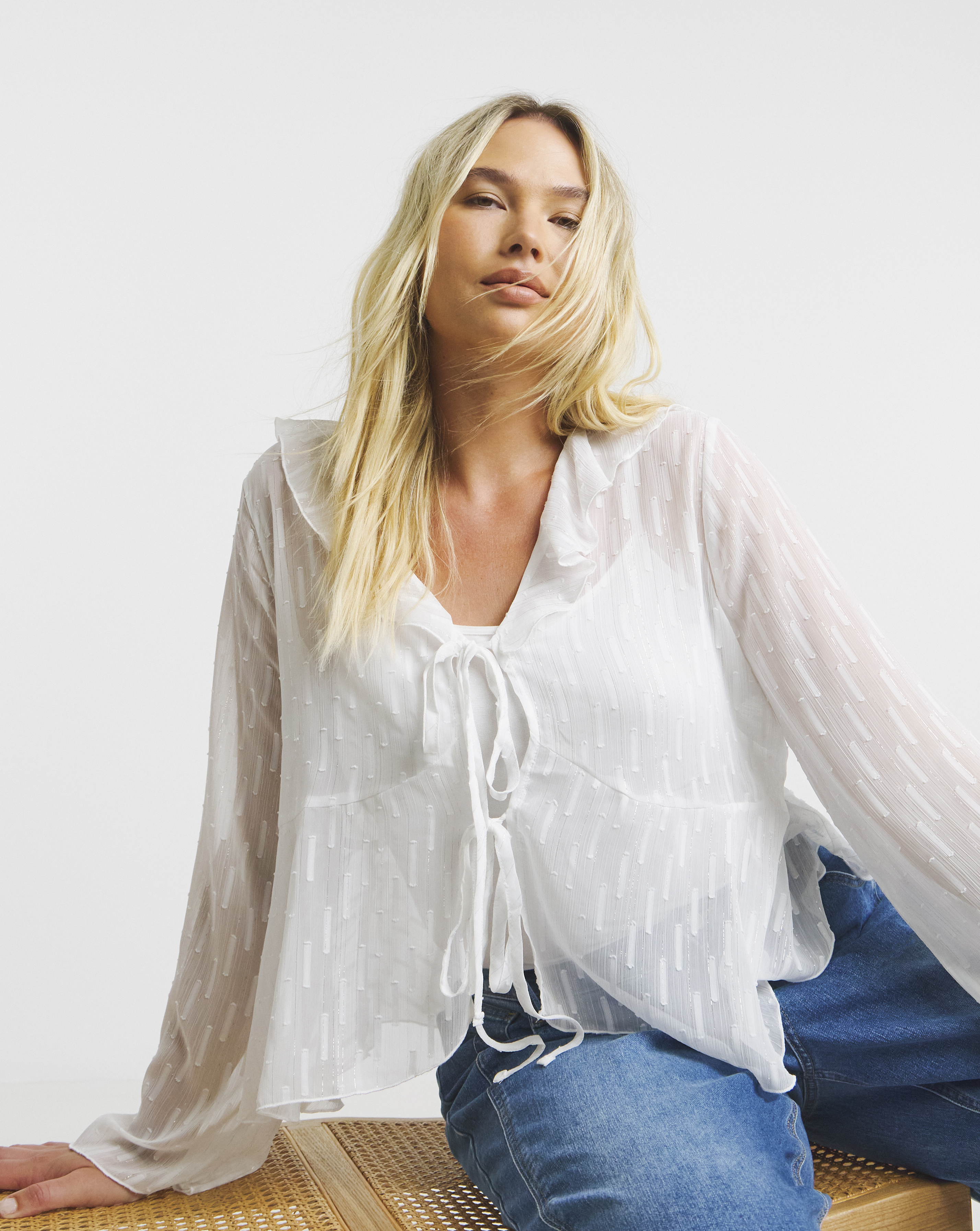 Flute Sleeve Ruffle Sheer Blouse