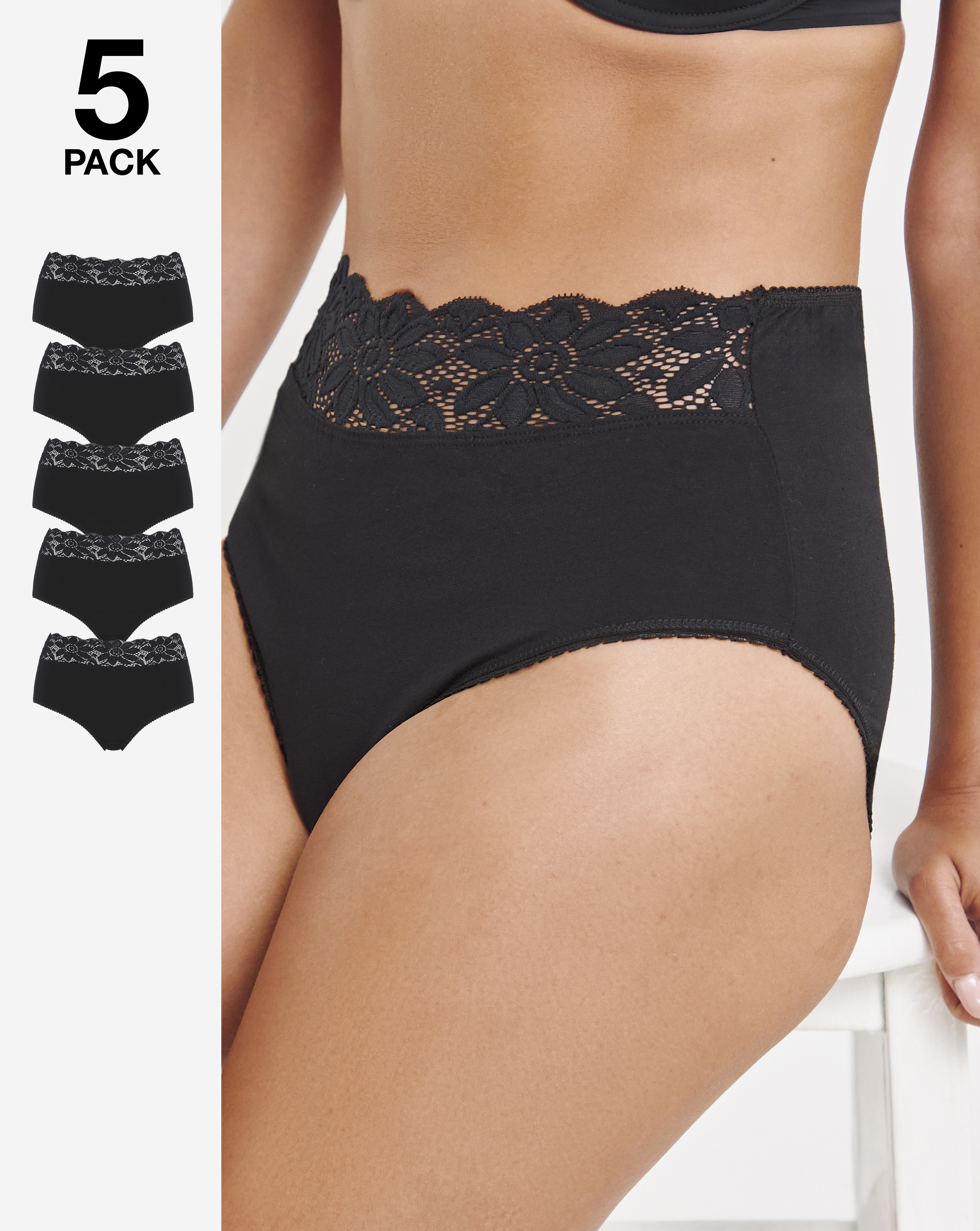 5 Pack Black Lace Top Full Knickers