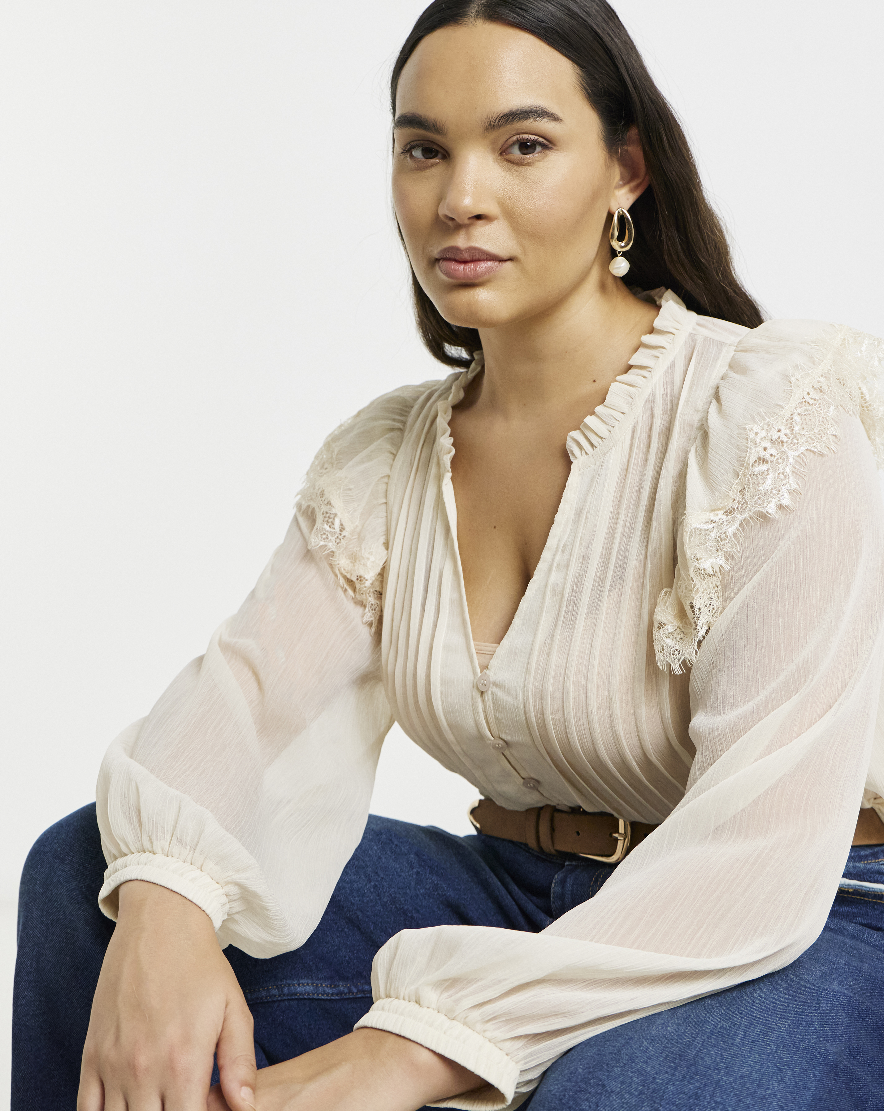 Lace Trim Chiffon Tuxedo Detail Blouse