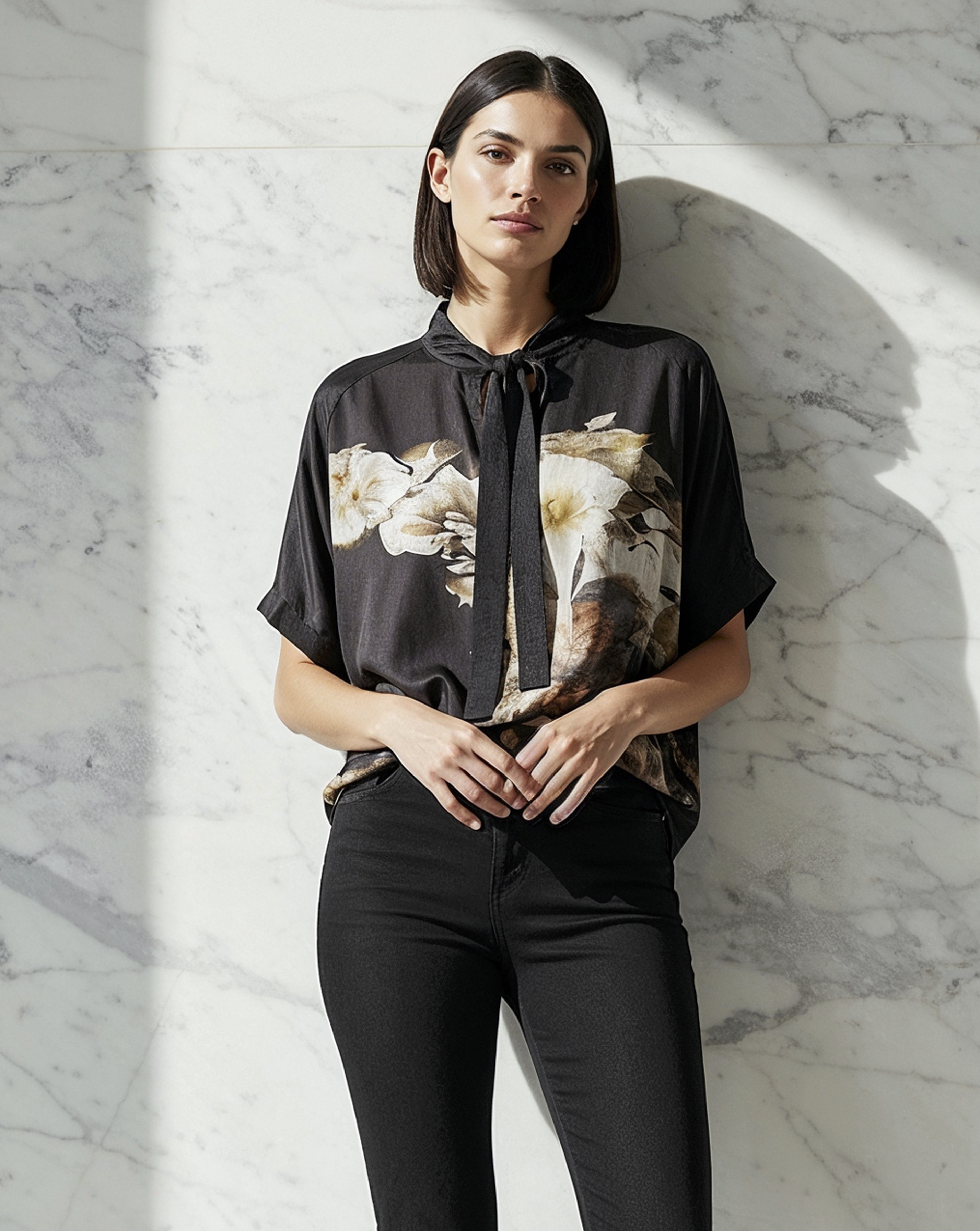 Religion Tie Neck Floral Graphic Blouse