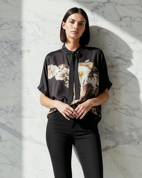 Religion Tie Neck Floral Graphic Blouse
