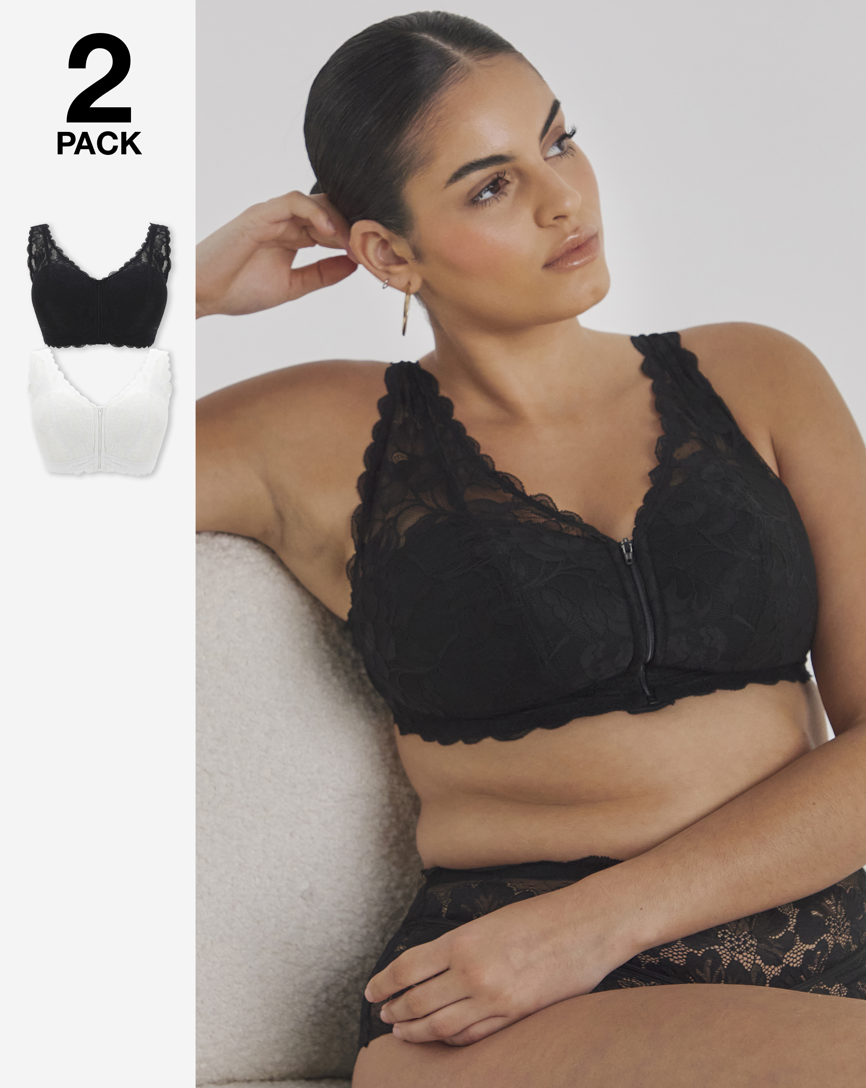Pretty Secrets 2 Pack Zip Front Lace Trim Comfort Bras In Black/white | UK Size 38B Women's