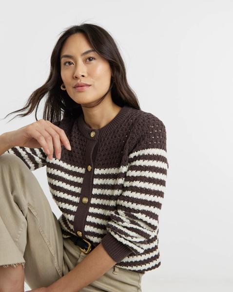Pure Cotton Striped Open Stitch Cardigan