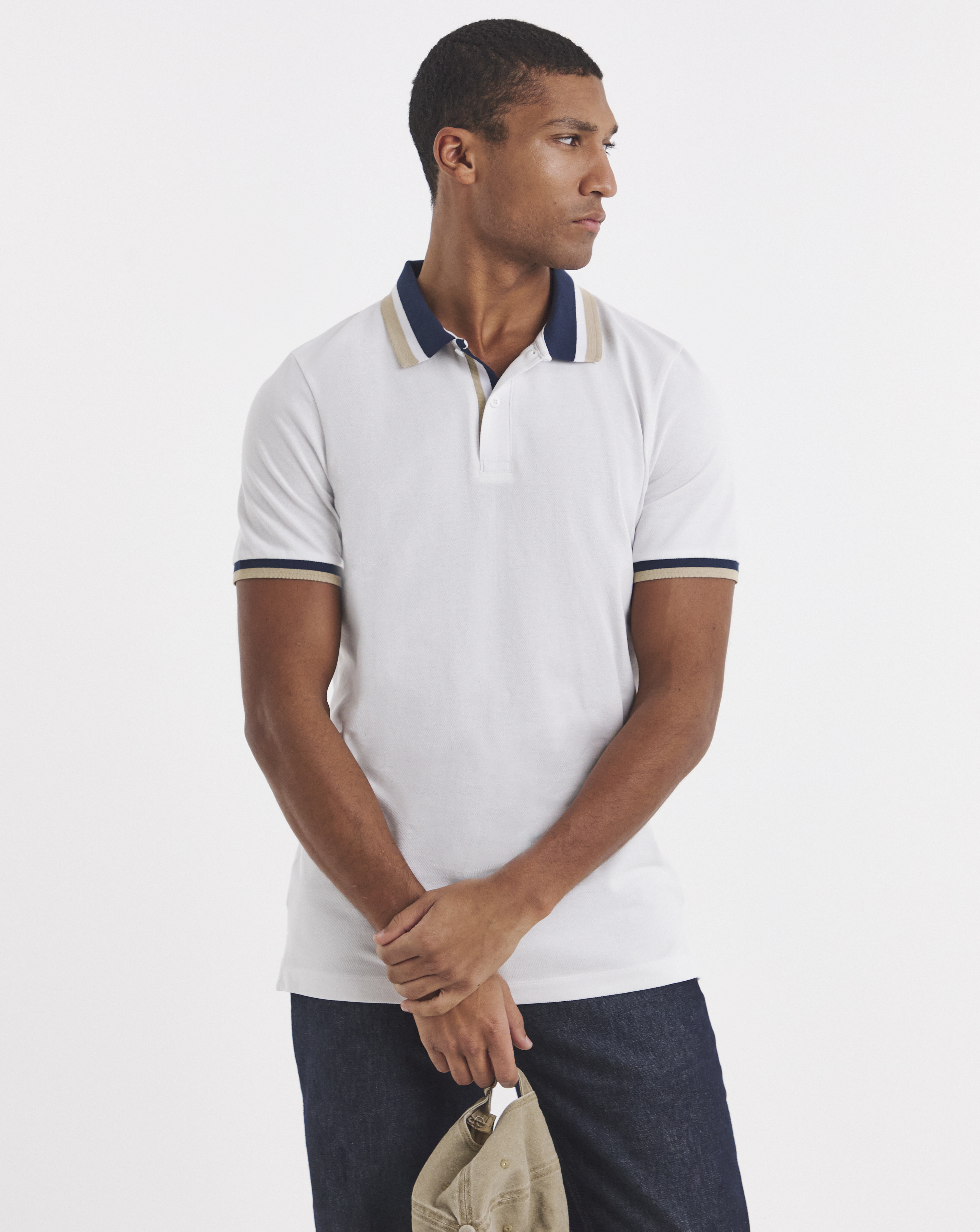 Tipped Pique Polo Long- White