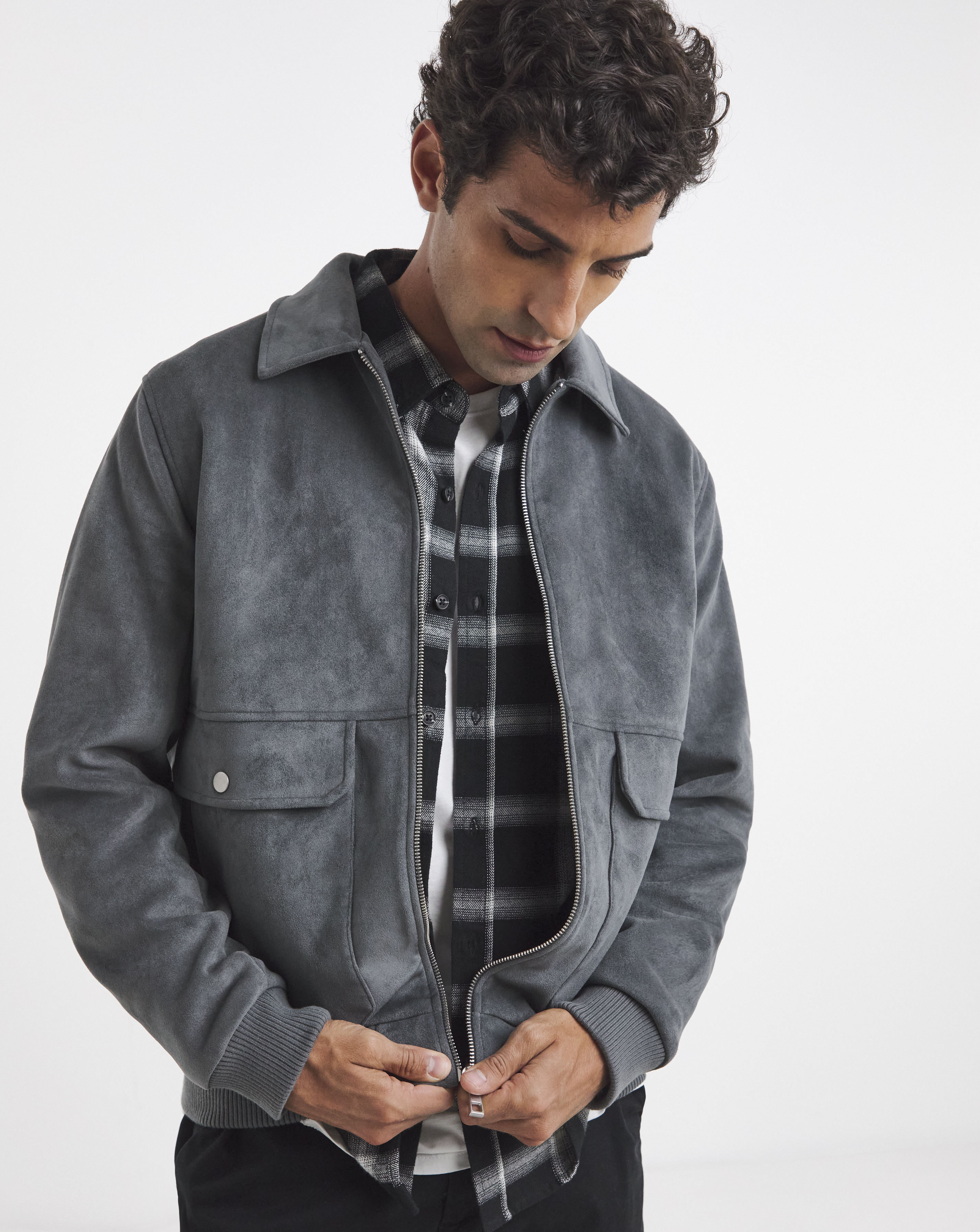 Faux Suede Bomber - Charcoal