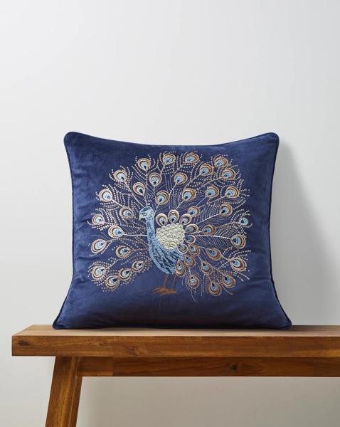 Embroidered Peacock Velvet Cushion - Blue